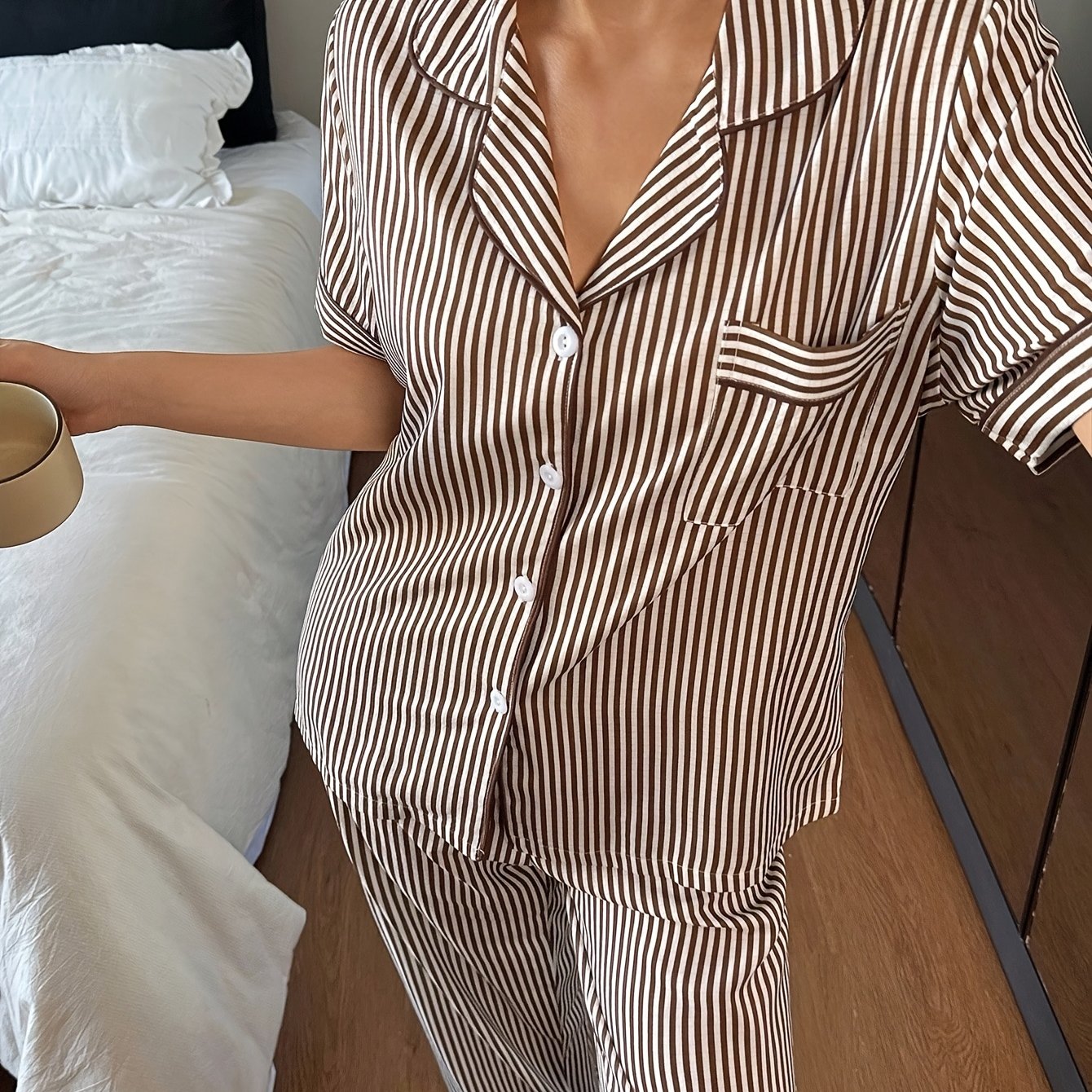 TEMU Women's Striped Pajama Set, 2pcs, Comfortable Short-sleeve Button-up Top And Belted Long Pants