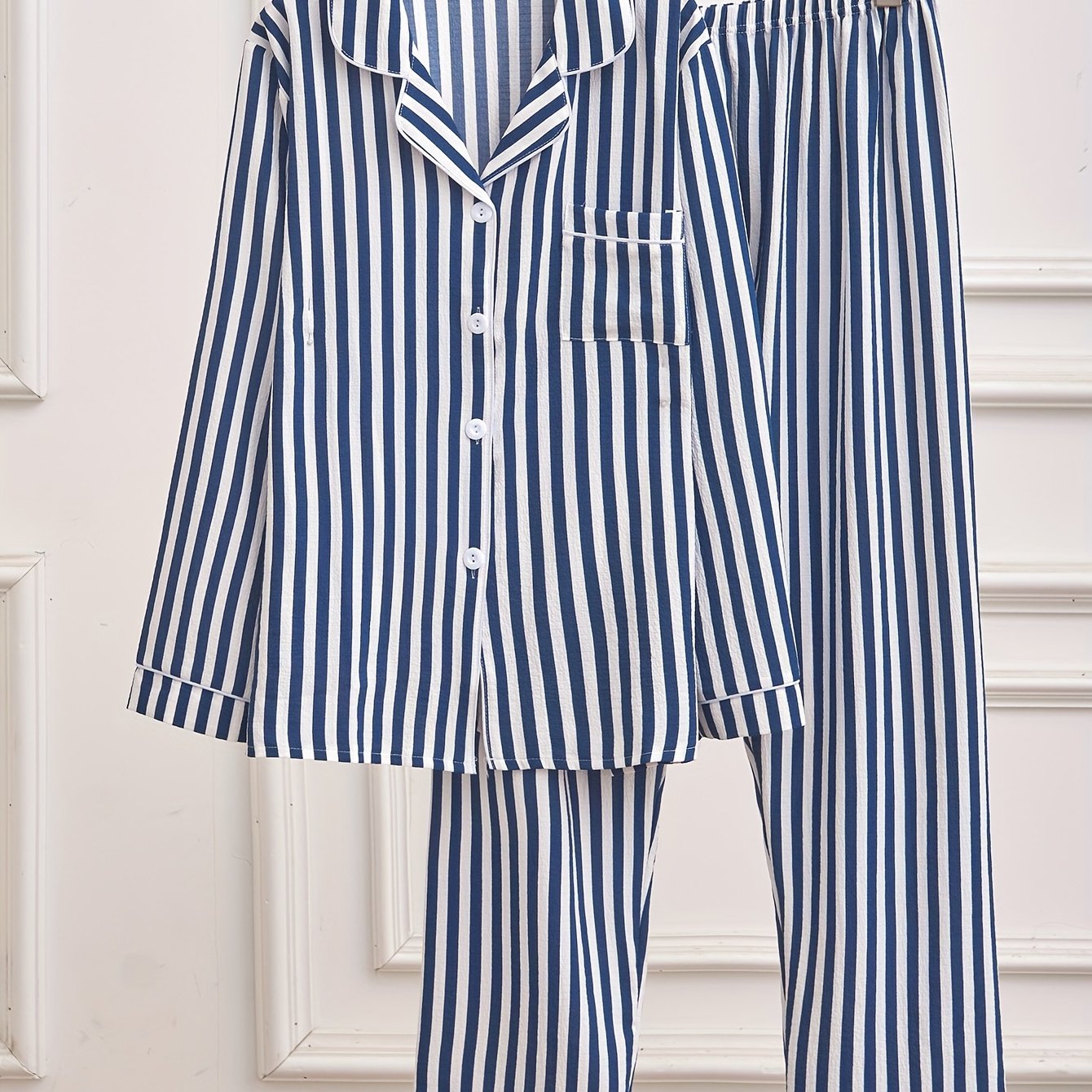 TEMU Pigiama Donna con Maniche Lunghe e Pantaloni Lunghi a Righe con Volant, Bordi a e Bottoni, Completo Casual per Relax