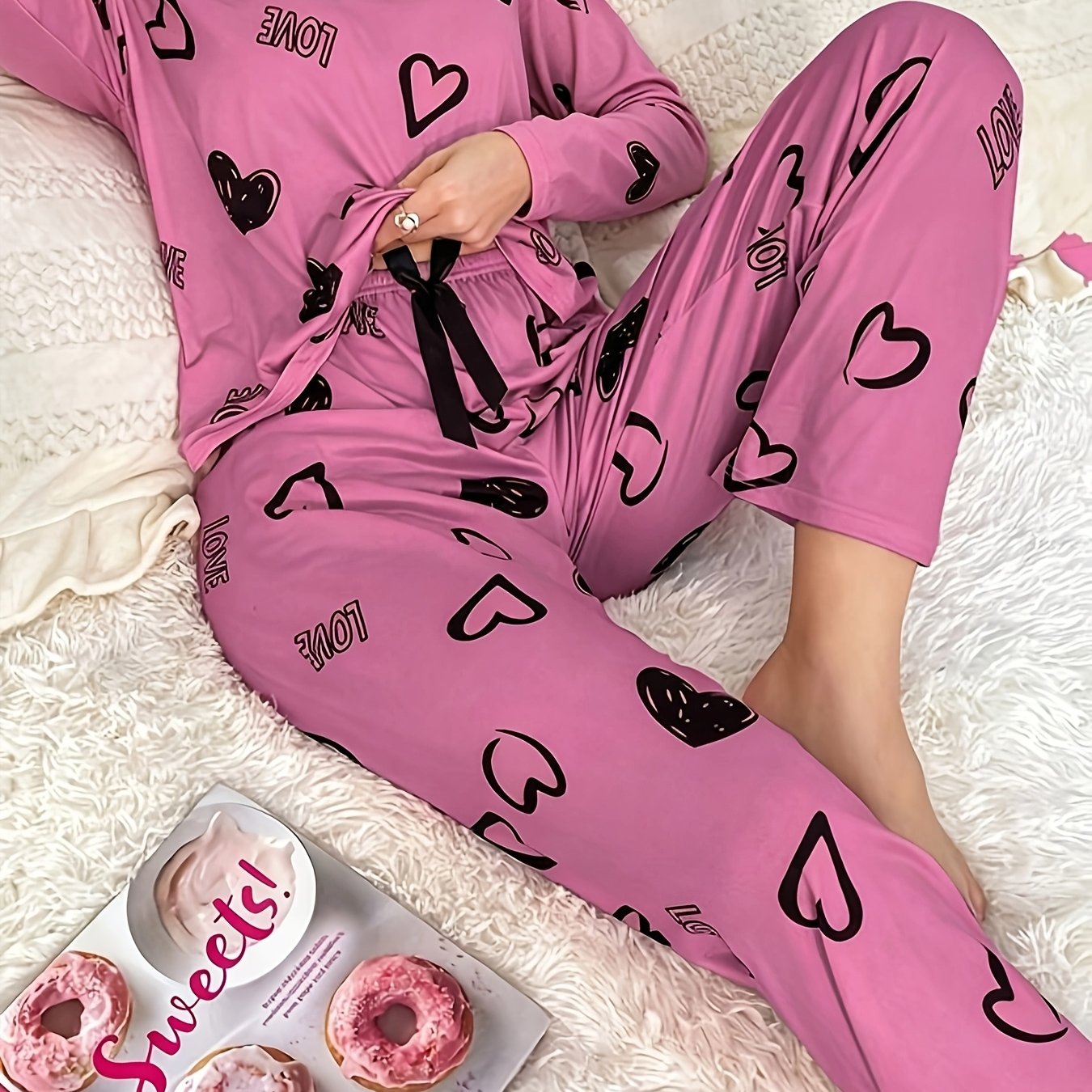 TEMU Set pigiama da donna /inverno con maglia , polsini a maniche lunghe a , con nastro in vita dei pantaloni e stampa a forma di cuore sulla maglia
