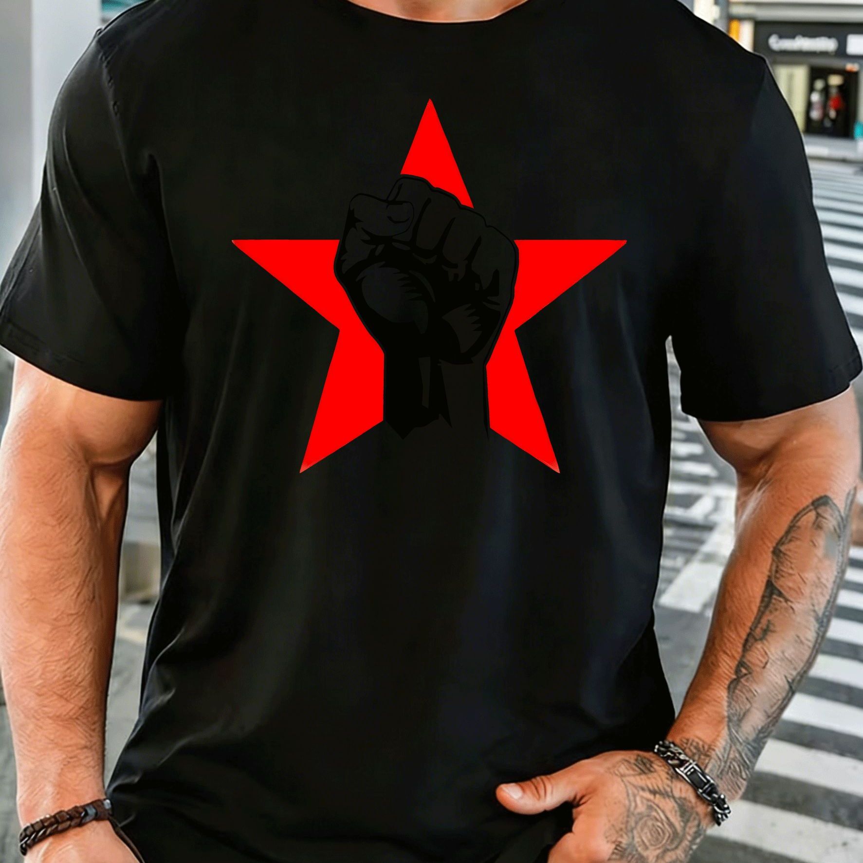 TEMU Men's Style Trendy Graphic Short Sleeve Tee With Black Print Adult Men Casual Outfit Holiday Gift