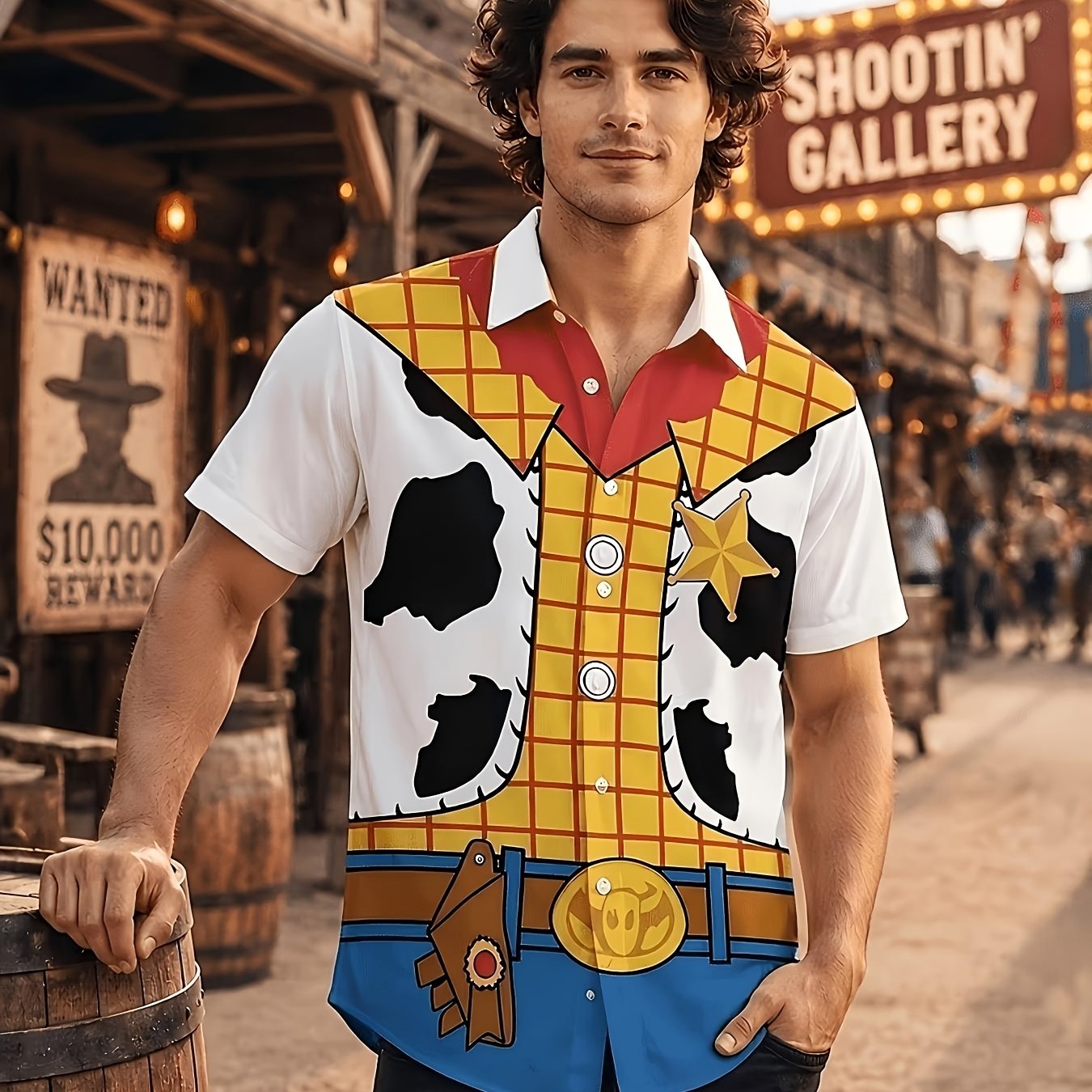 TEMU [printed Design - Not Textured] Men's Printed Shirt, Featuring A Cowboy Character-themed Outfit Style With A Fun, Character-inspired