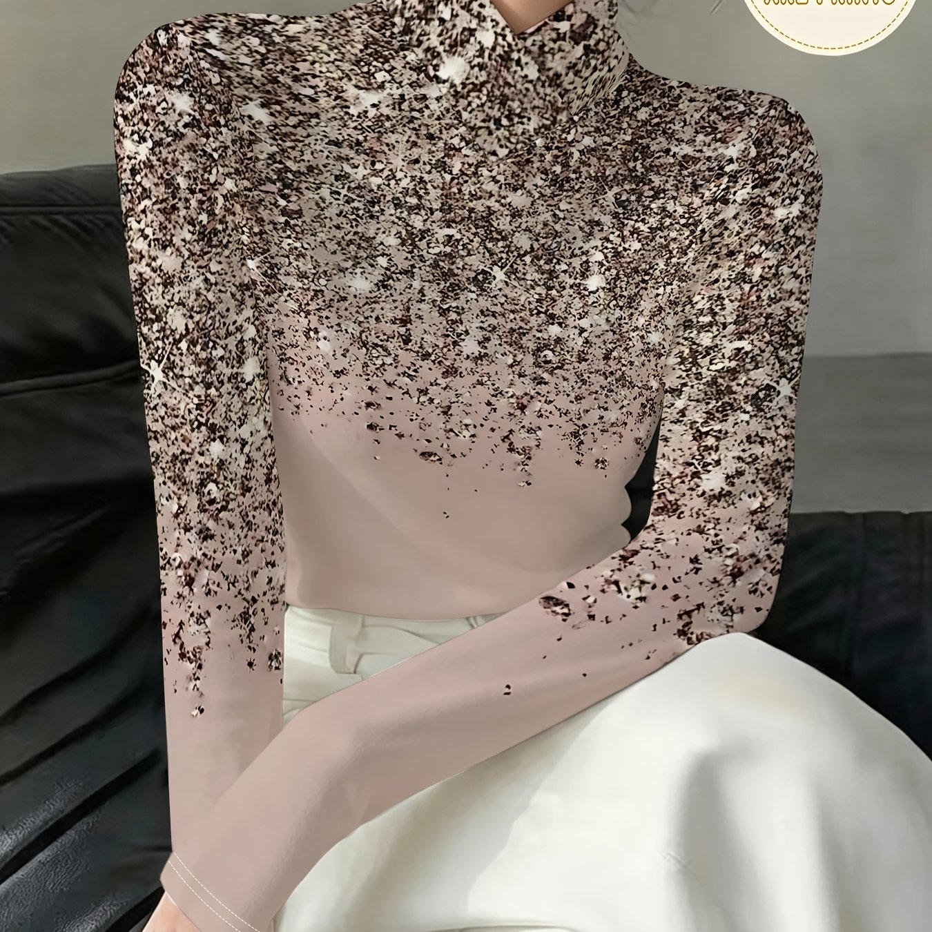 TEMU Shimmering Sequined Printed Women's Cross-neck Long Sleeve Base Layer Top, Easy Fitted Stretch Blouse, Casual Elegant Inner Wear