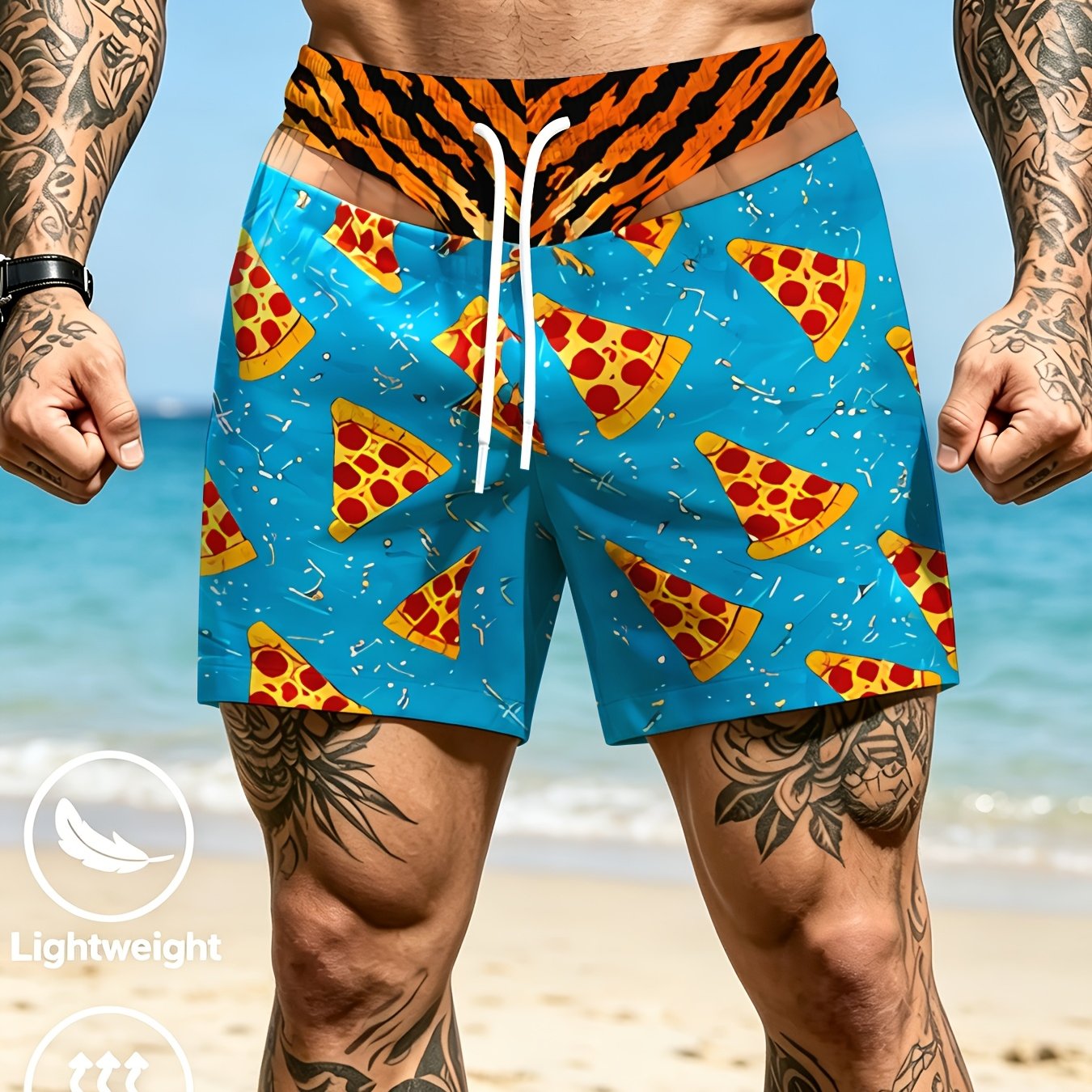 TEMU [printed Design-not Textured] Men's Summer Pizza Print Beach Shorts, Quick-dry Breathable Elastic Drawstring Surf Casual Swim Trunks, Ideal For