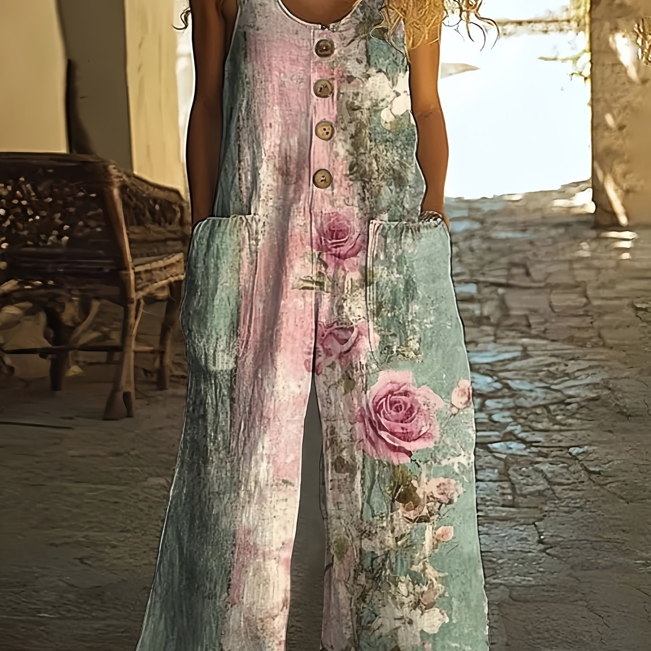 Plus Size, Women's Floral Wide-leg Jumpsuit, Elegant And Loose-fitting Romper For Spring And Summer