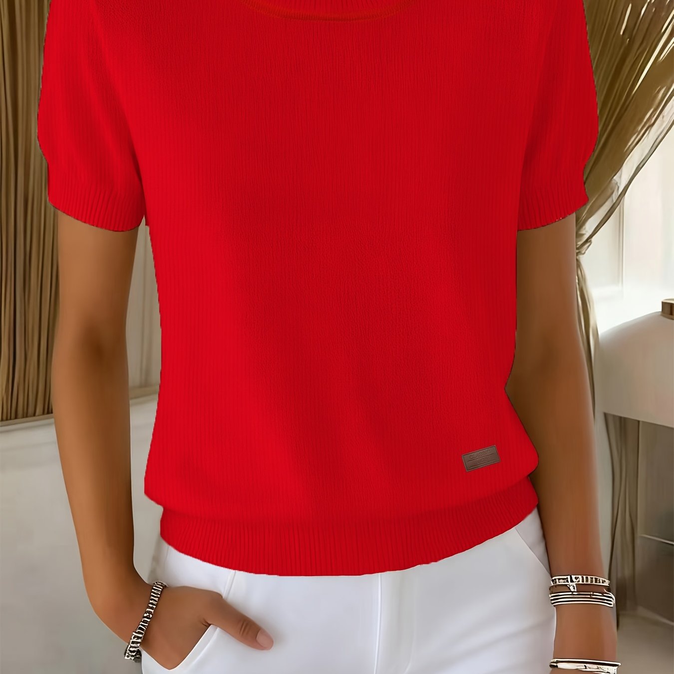 TEMU Women's Casual Sweater - Short Sleeve Loose Round Neck Pullover, Stretch Comfortable Top, Textured Design, Durable Fabric, Fashionable Knitwear,