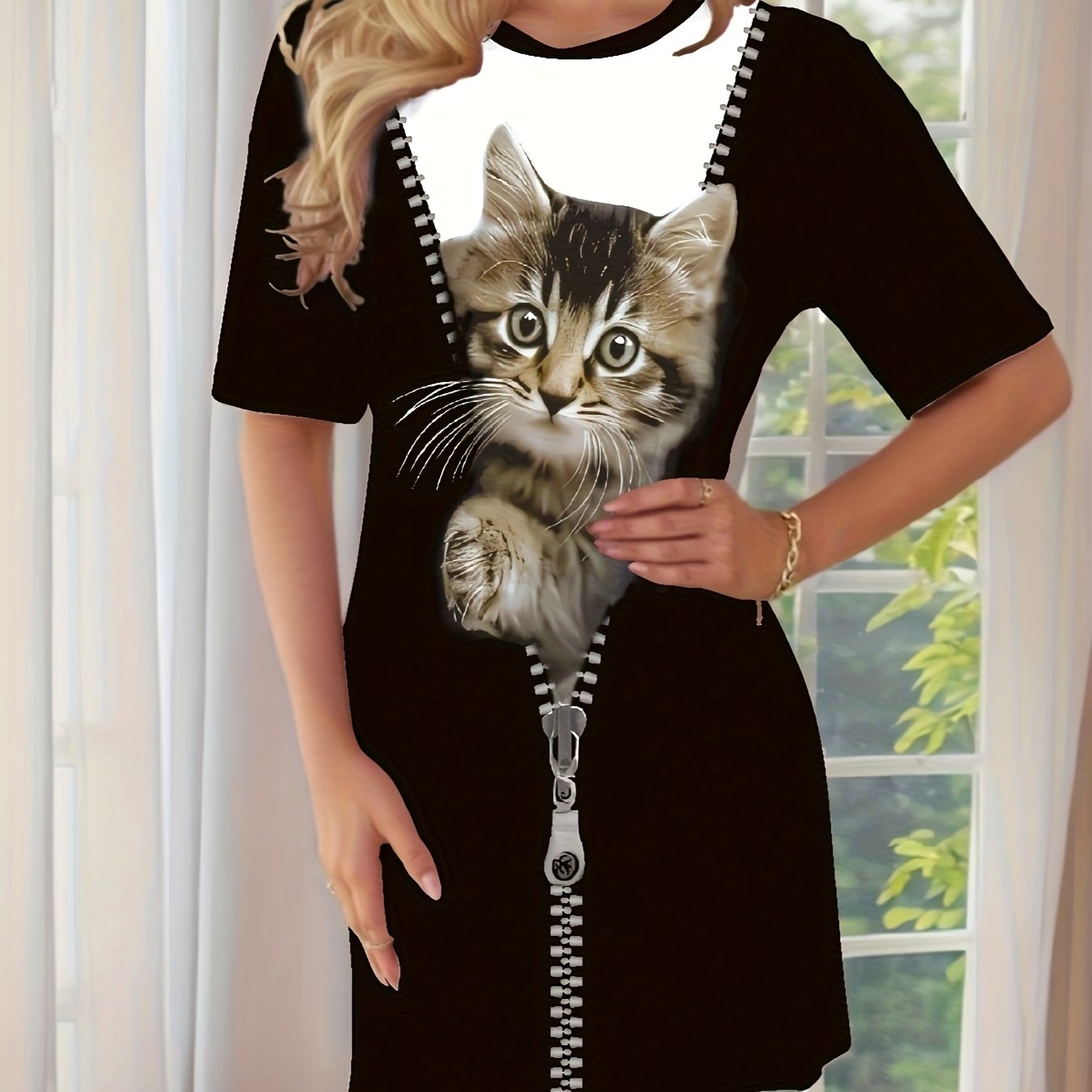 Ladies' Stylish Zip-up Dress With A Cat Print For Comfortable Sleepwear