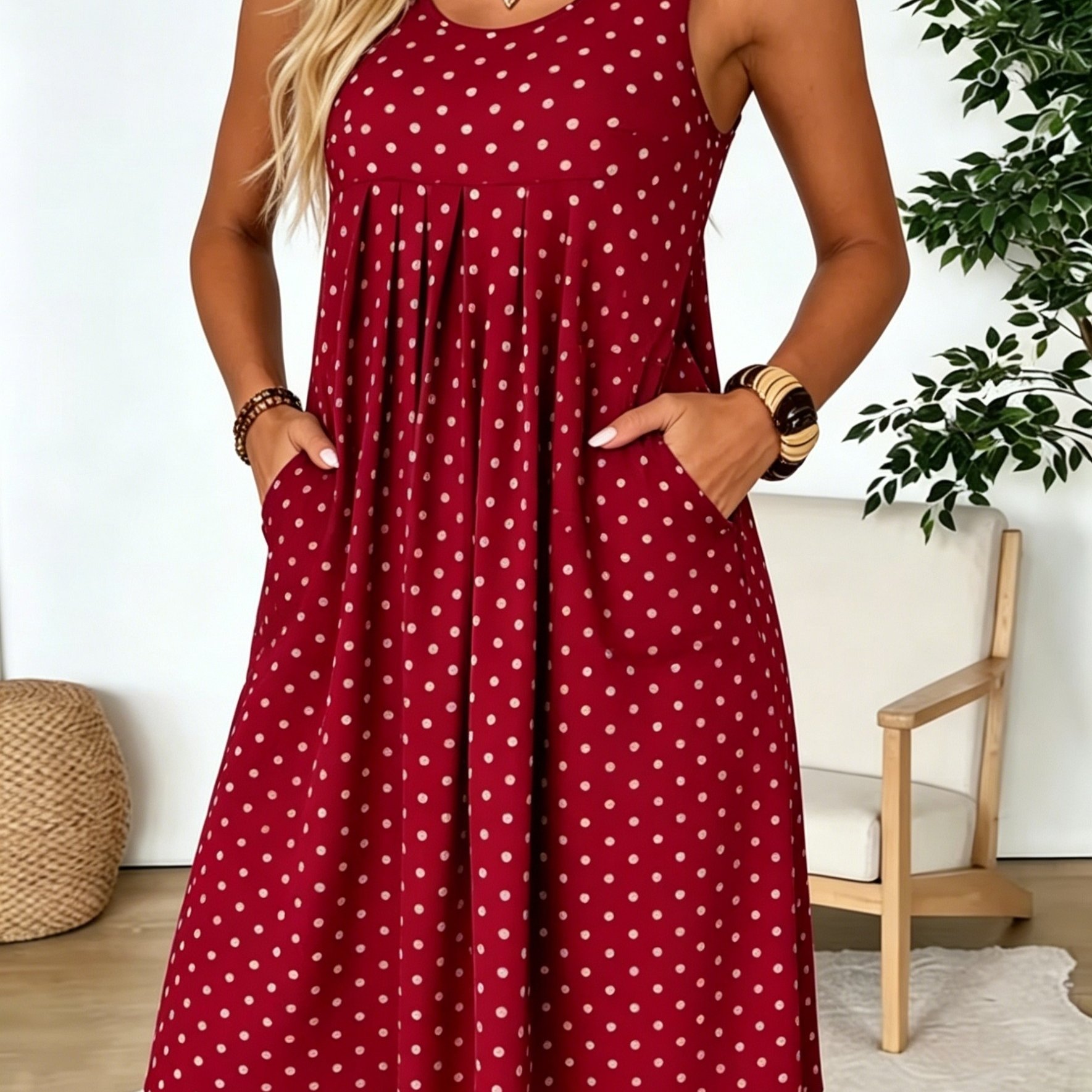 TEMU Women's Polka Dot Print Vintage Round Neck Sleeveless Dress With Pockets And Pleated Design, A