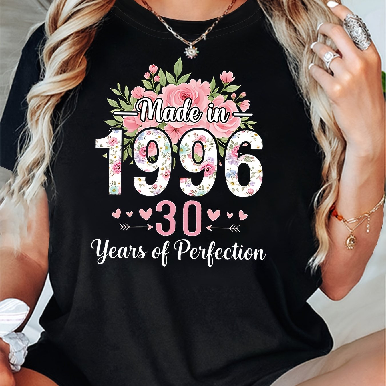 TEMU Women's 1996 30th Perfect Birthday Theme T-shirt - Rose Flower & Heart & Slogan Decor Casual Short Sleeve, Pink-white Gentle Birthday 30th