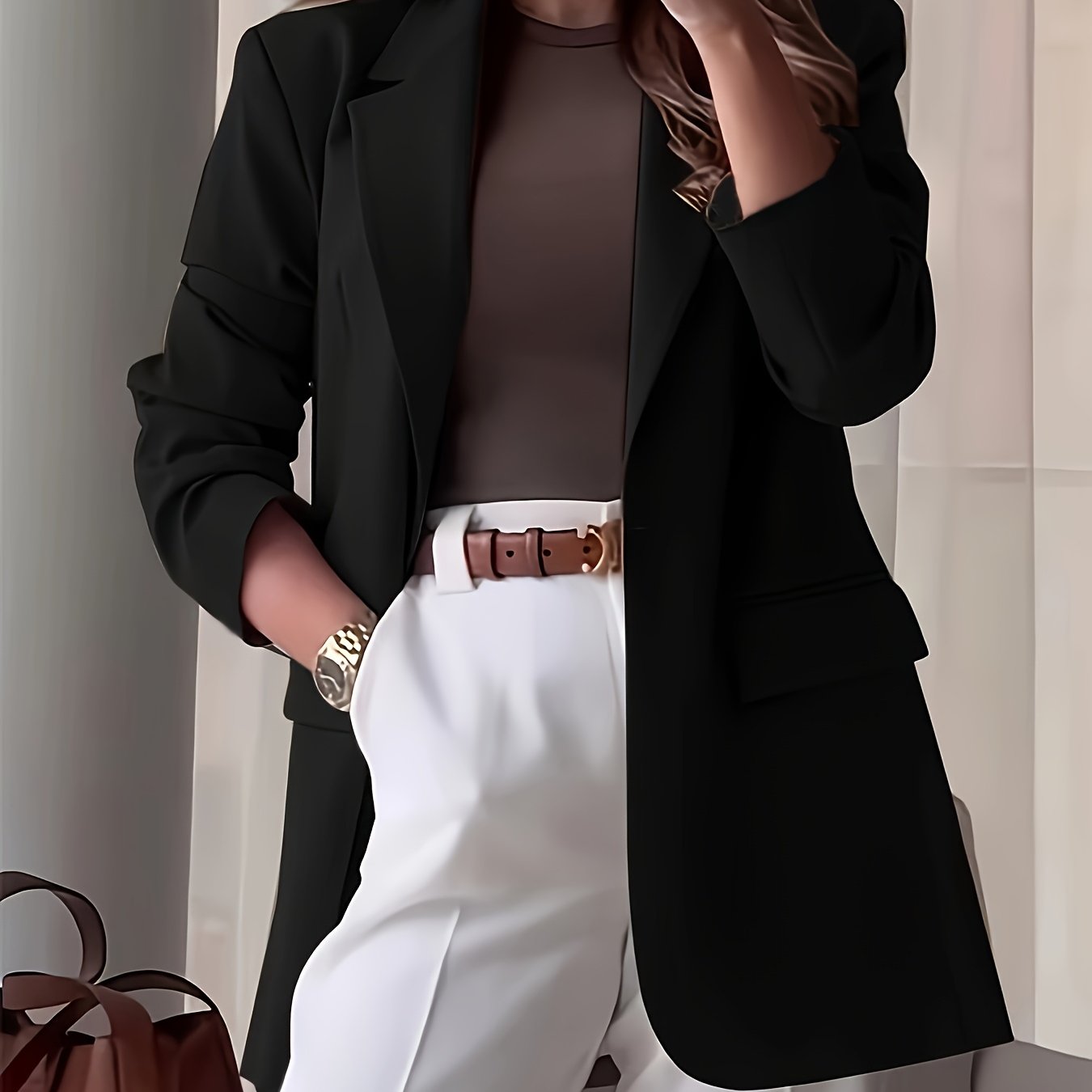 TEMU Blazer Élégant Polyvalent Haut de Gamme à Col Boutonné - Style + Couleur Unie