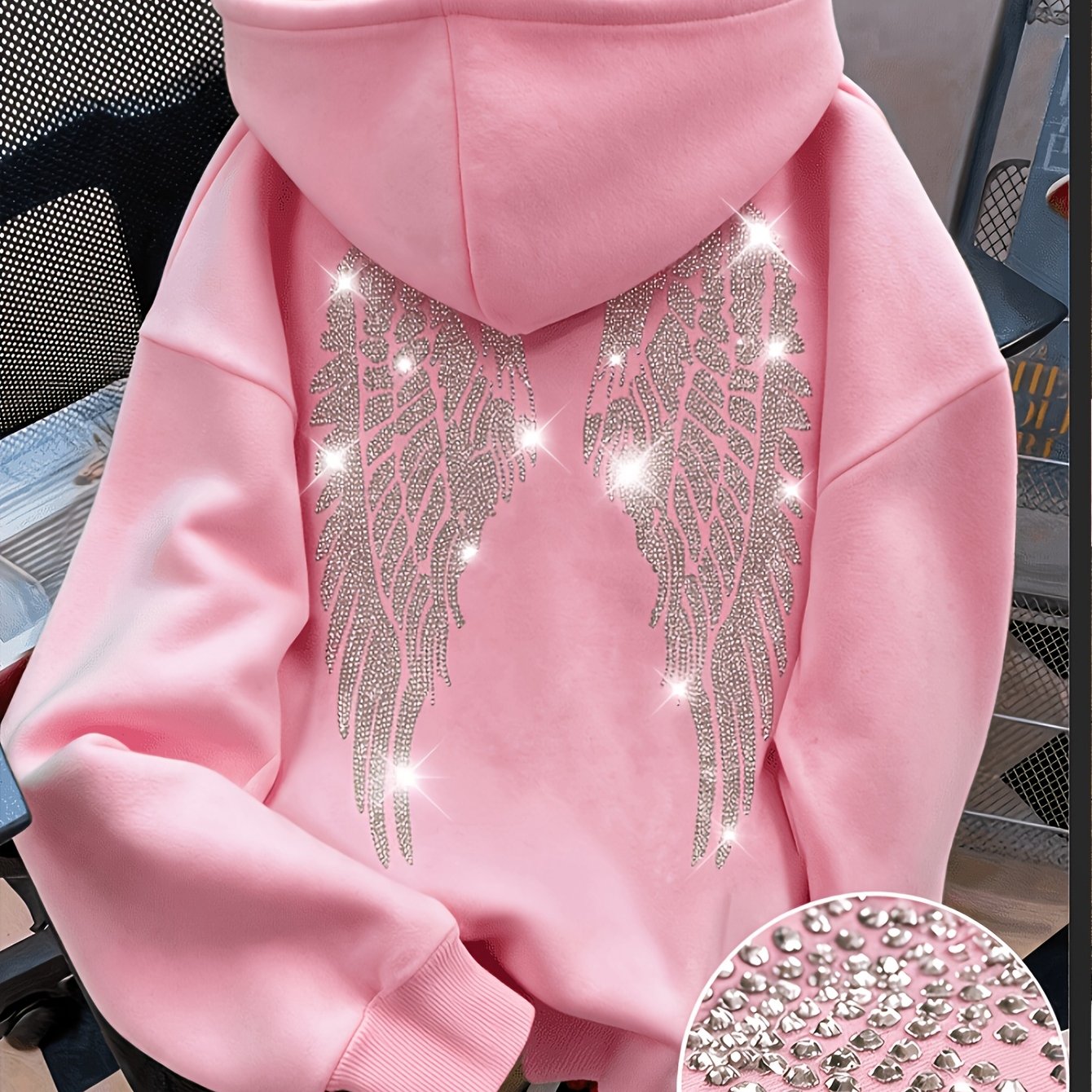 TEMU Women's Rhinestone Winged Glitter Hoodie Sweatshirt, Cute Women's Hoodie, Fall Clothes For Women, Back To, Women's Long Sleeve Pocket Drop