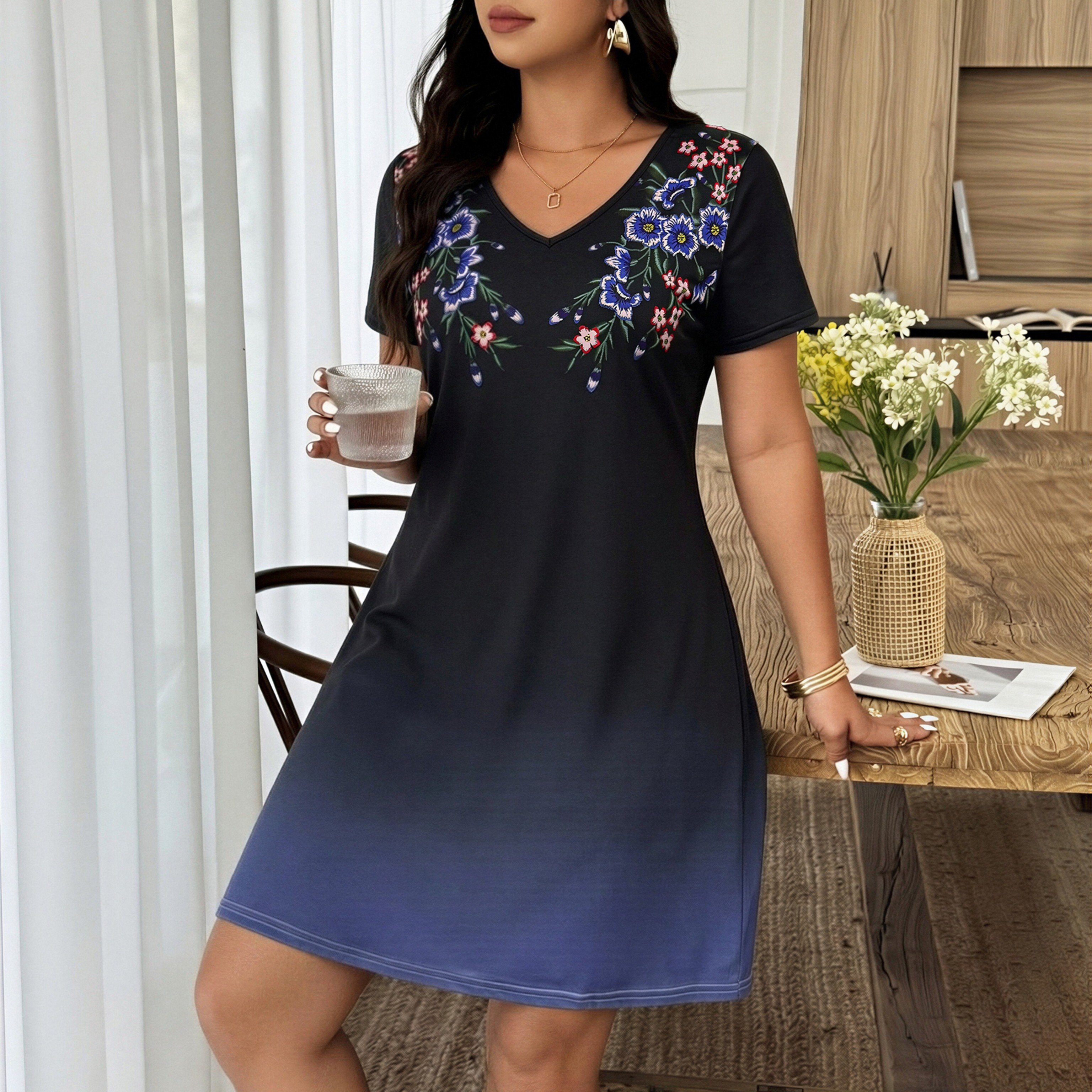 Women's Summer Dress V Neck Neckline Floral Print Gradient Short Sleeve A Line Dress Vacation Outfit For Travel Photo And Shopping