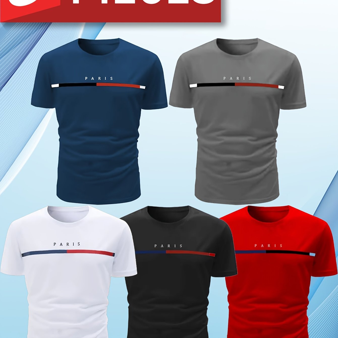 TEMU 5pcs Men's Quick-drying Sports Shirts- Moisture-wicking Printed T-shirts, Breathable Fitness Casual Tops(black, White, Blue, Gray, Red), Classic
