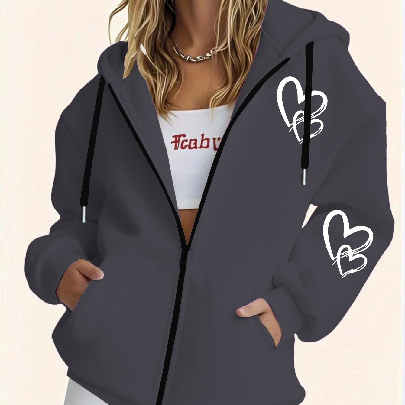 TEMU Plus Size, Women's Plus-size Casual Zip Hoodie With Heart Print, Printed Pattern On Chest And Sleeves, Machine-washable Hooded Jacket,