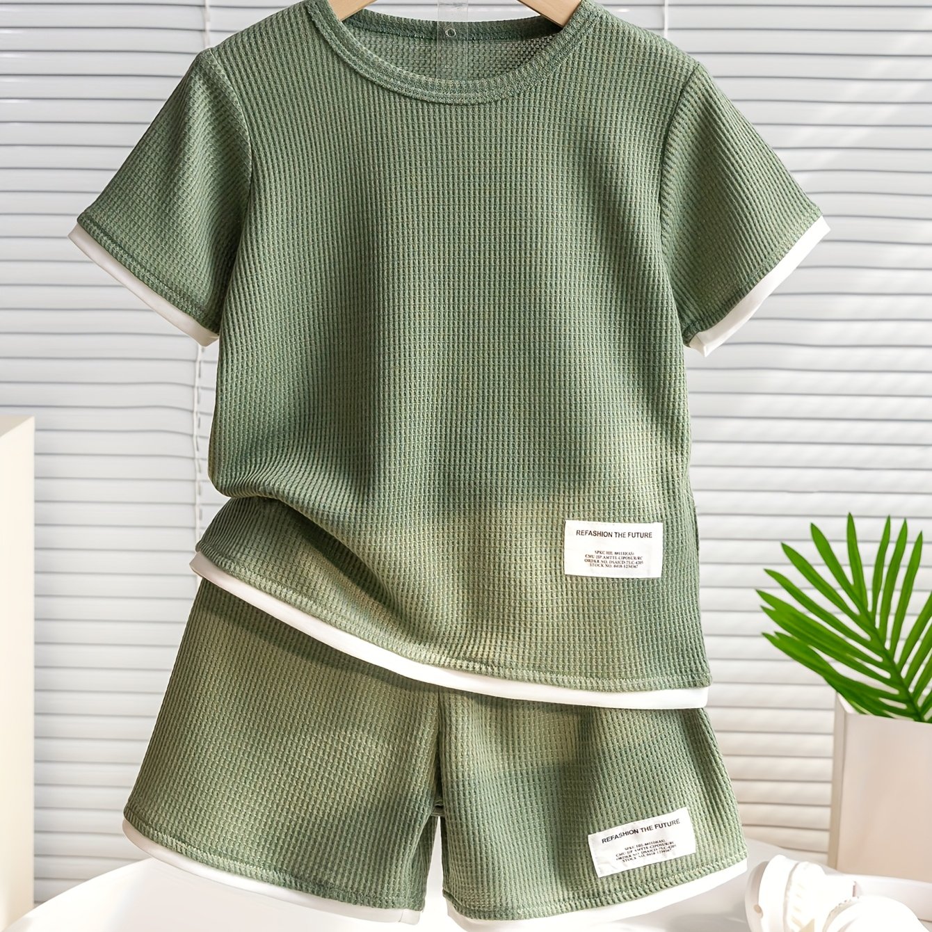 Boys' Comfortable Sporty 2pcs Set: Waffle Knit Short Sleeve T-shirt And Shorts For Casual, School, And Outdoor Wear, Perfect For Outdoor
