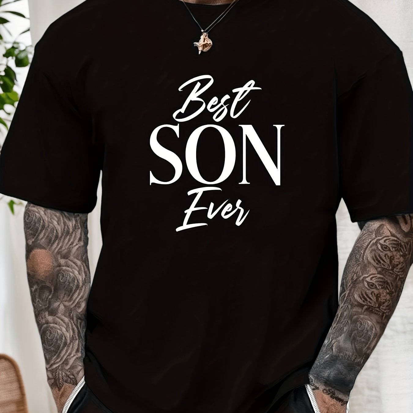 TEMU Men's Best Son Ever T-shirt Casual Short Sleeve Round Neck Summer Solid Color Tee With Best Son Ever Print Ideal Gift For Parents Hand Washable