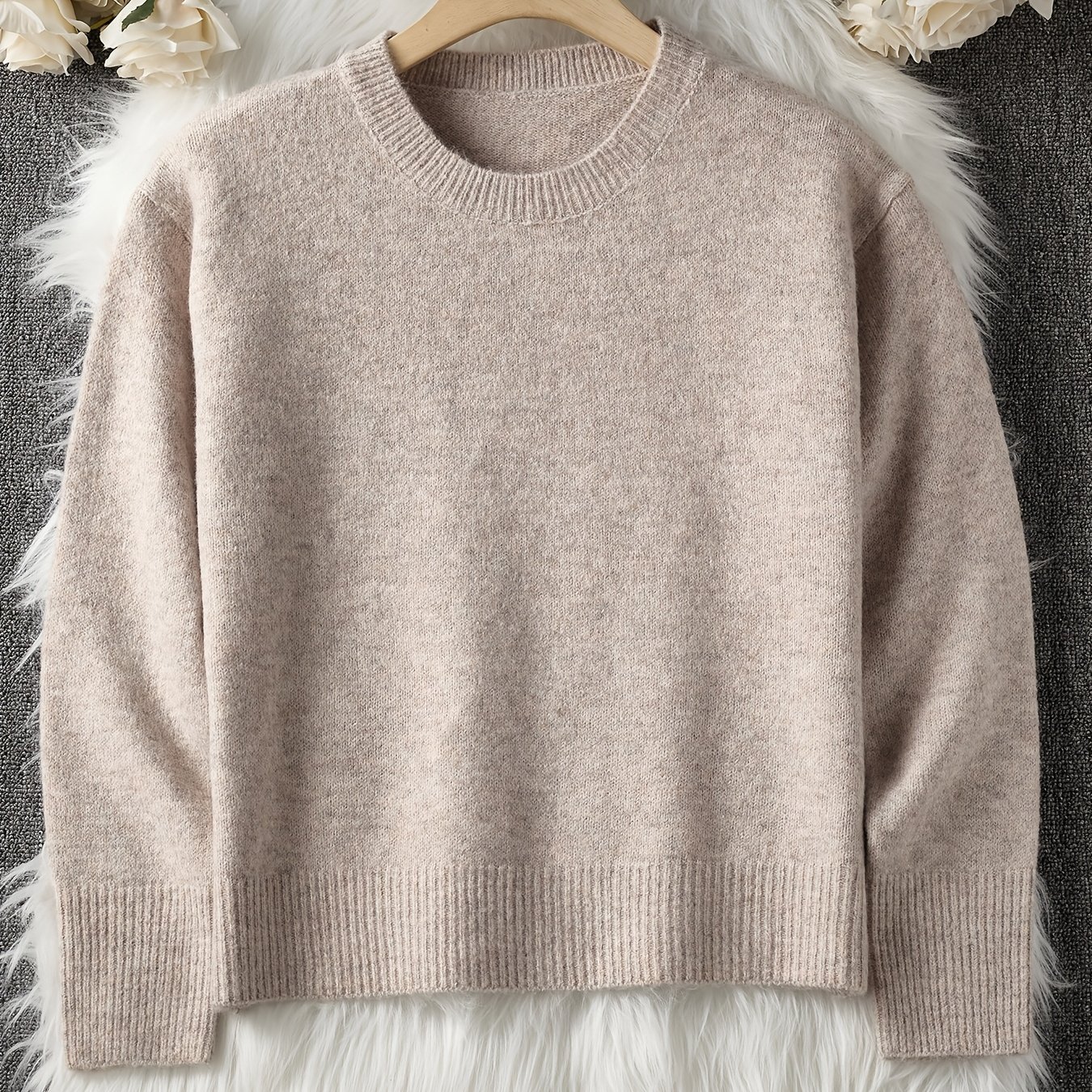 Image of Drop Shoulder Crew Neck Sweater, Elegant Long Sleeve Sweater For Fall & Winter, Women's Clothing
