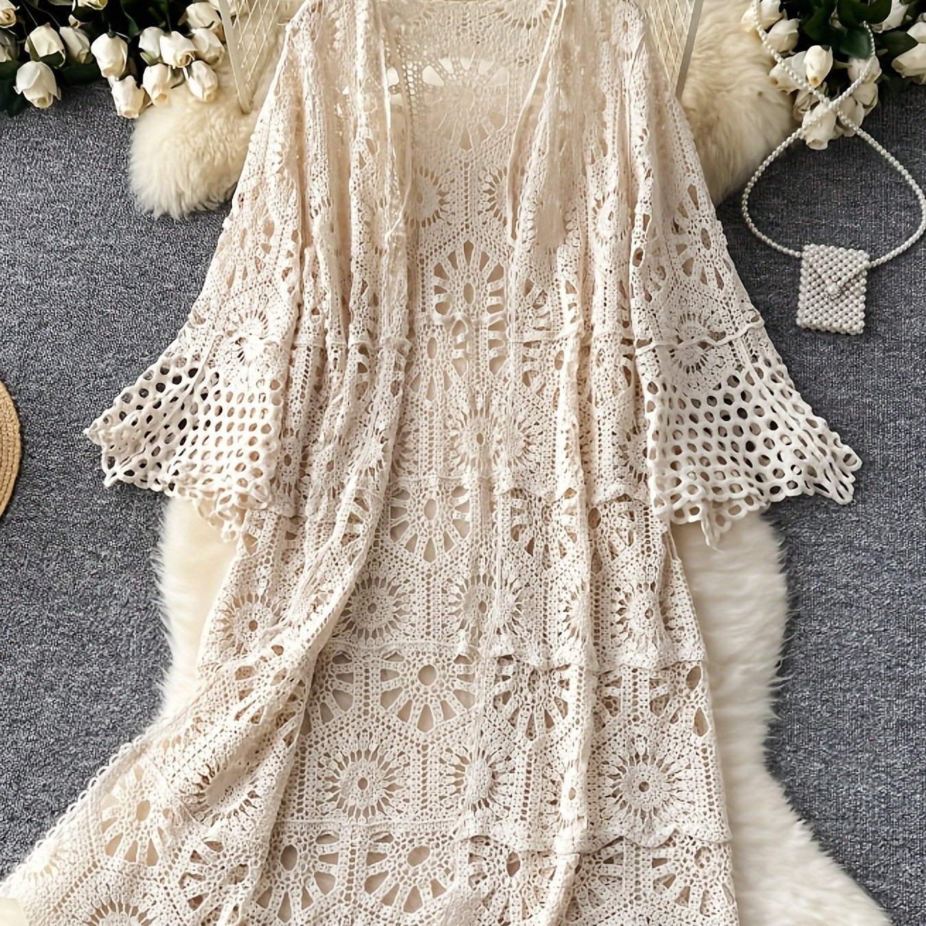 Image of Vintage Crochet Long Cardigan For Women With A , Featuring Flared Sleeves And A Loose Fit, Perfect As A Versatile Top For Spring, Summer, And Autumn