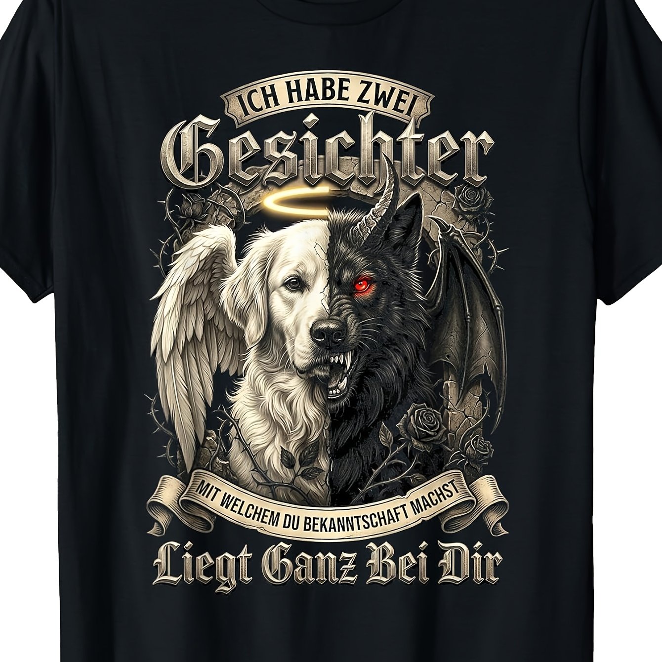 Image of Zwei Gesichter Engel Teufel Hund Spruch T-shirt Men's T-shirt Soft Perfect For Home|work|outdoor|gifting (valentine's Day|birthdays|mother's Day) Small-3xl Unisex