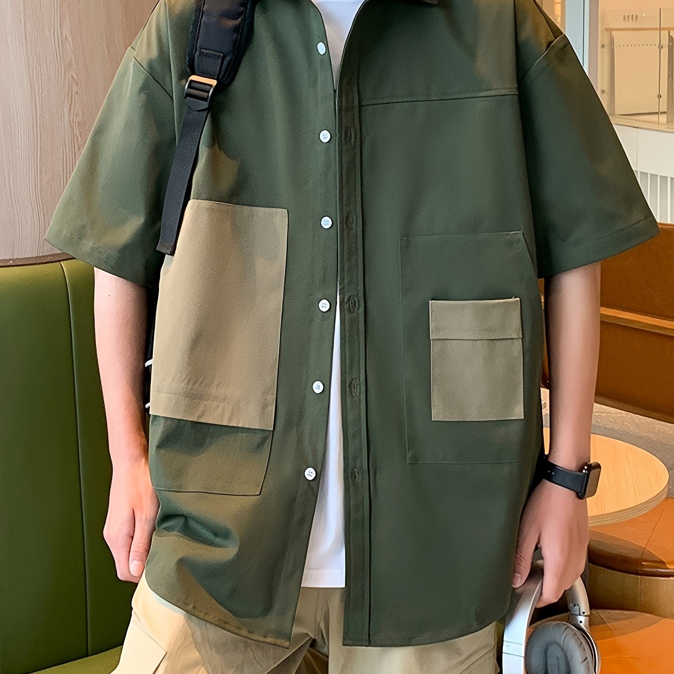 TEMU 【メンズ】襟付き 夏シャツ ゆったりフィット 高品質 日本風 パッチワーク カラーブロック 半袖シャツ