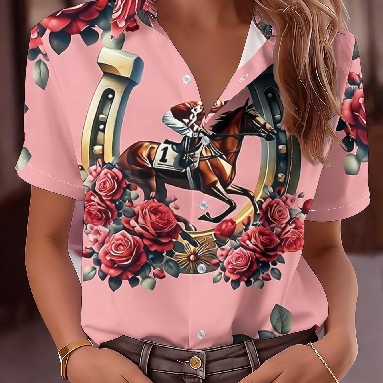 TEMU Women's & Rose Print Shirt - Full-body Equestrian Collar Suitable For Spring Summer Casual Wear, Machine Washable Non- Top For Horse-themed