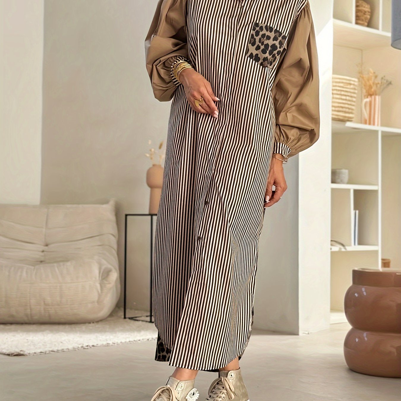 TEMU Elegant Leopard Print & Striped Maxi Dress For Women - Ear Design, Long Sleeve, Button Front, Lightweight Polyester, Machine Washable, Leopard Print Dress