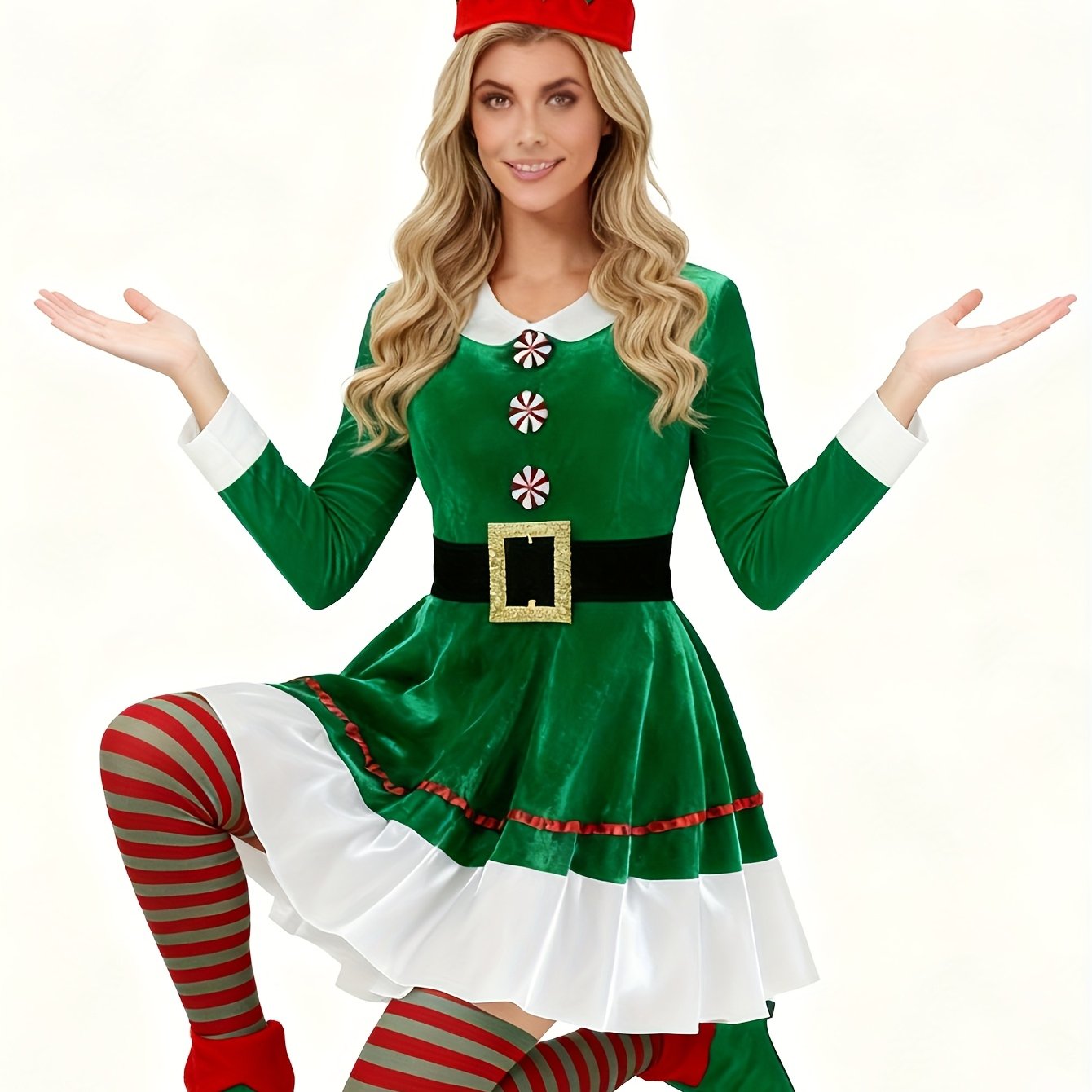 TEMU 5pcs Women's Christmas Elf Costume Set - Fleece-lined Hooded Dress And Outfit For Xmas And Halloween Parties