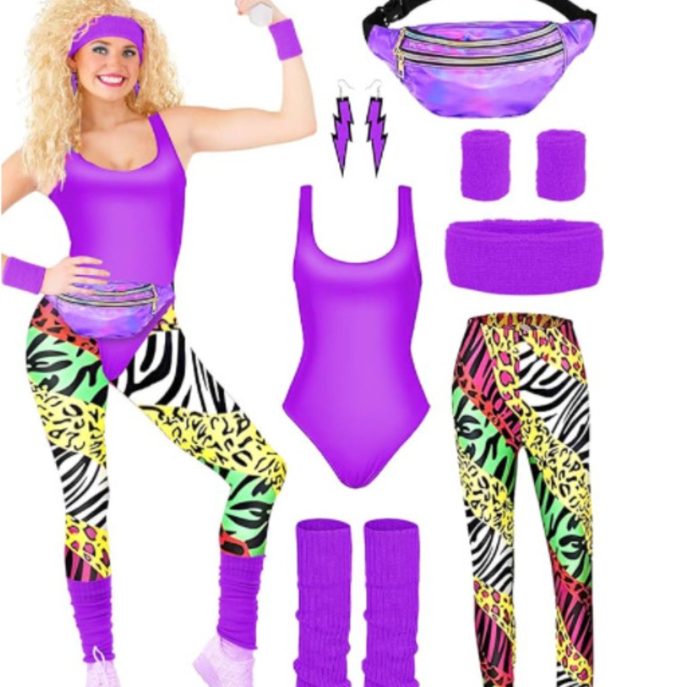 Image of 80s Clothing, Women's Clothing, Retro, 80s And 90s Clothing, Clothing Additions, Jerseys, Leggings, Headbands, Bracelets, Leg Guards, Earrings, Waist Bags