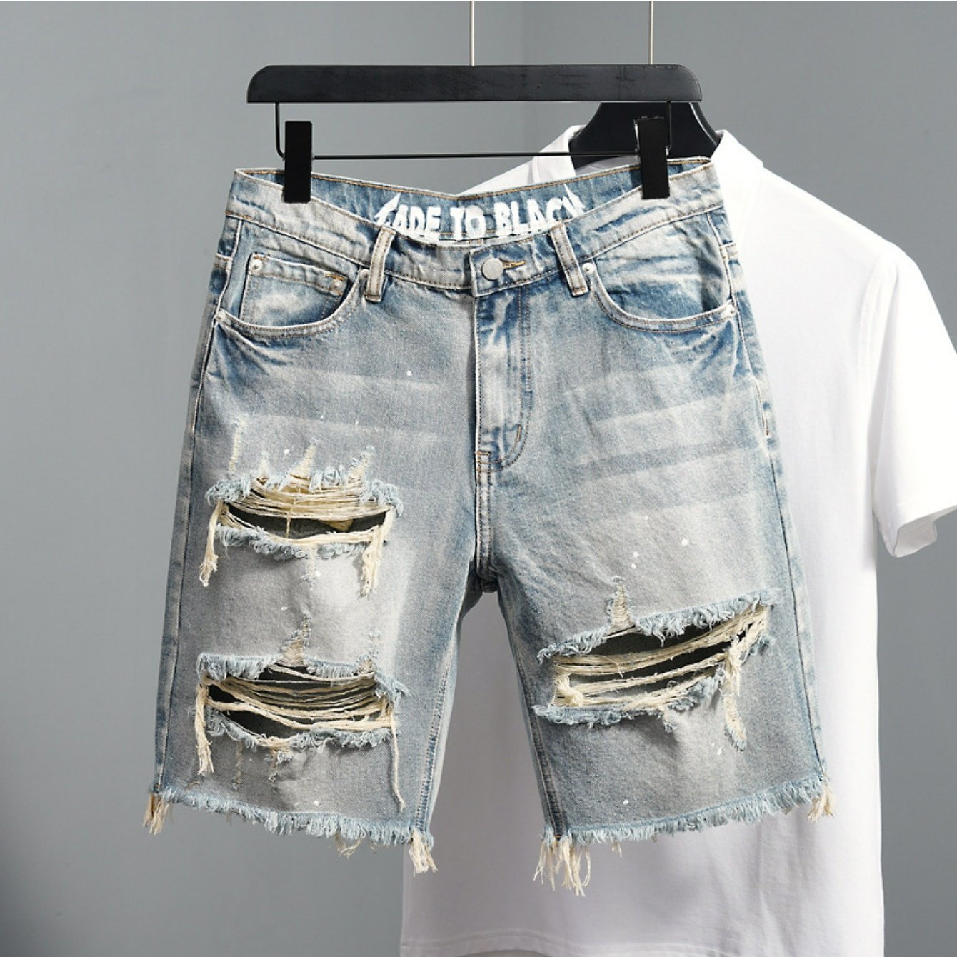 TEMU Men's Ripped Denim Shorts, 2024 Summer Thin Style, Trendy Brand Five-point Pants, Casual Versatile Slim Straight-leg Capri Pants