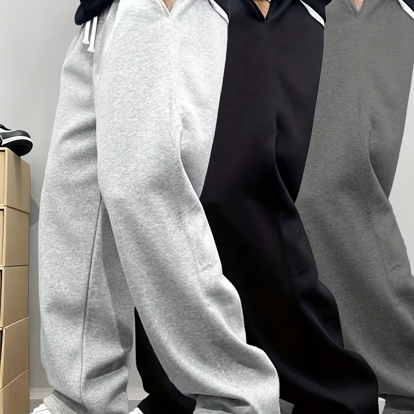 TEMU 3pcs Men's Casual Sports Pants | Elastic Waistband With Drawstring, Side Pockets, Non-stretch Fabric, Solid Color, Straight For Fall/winter