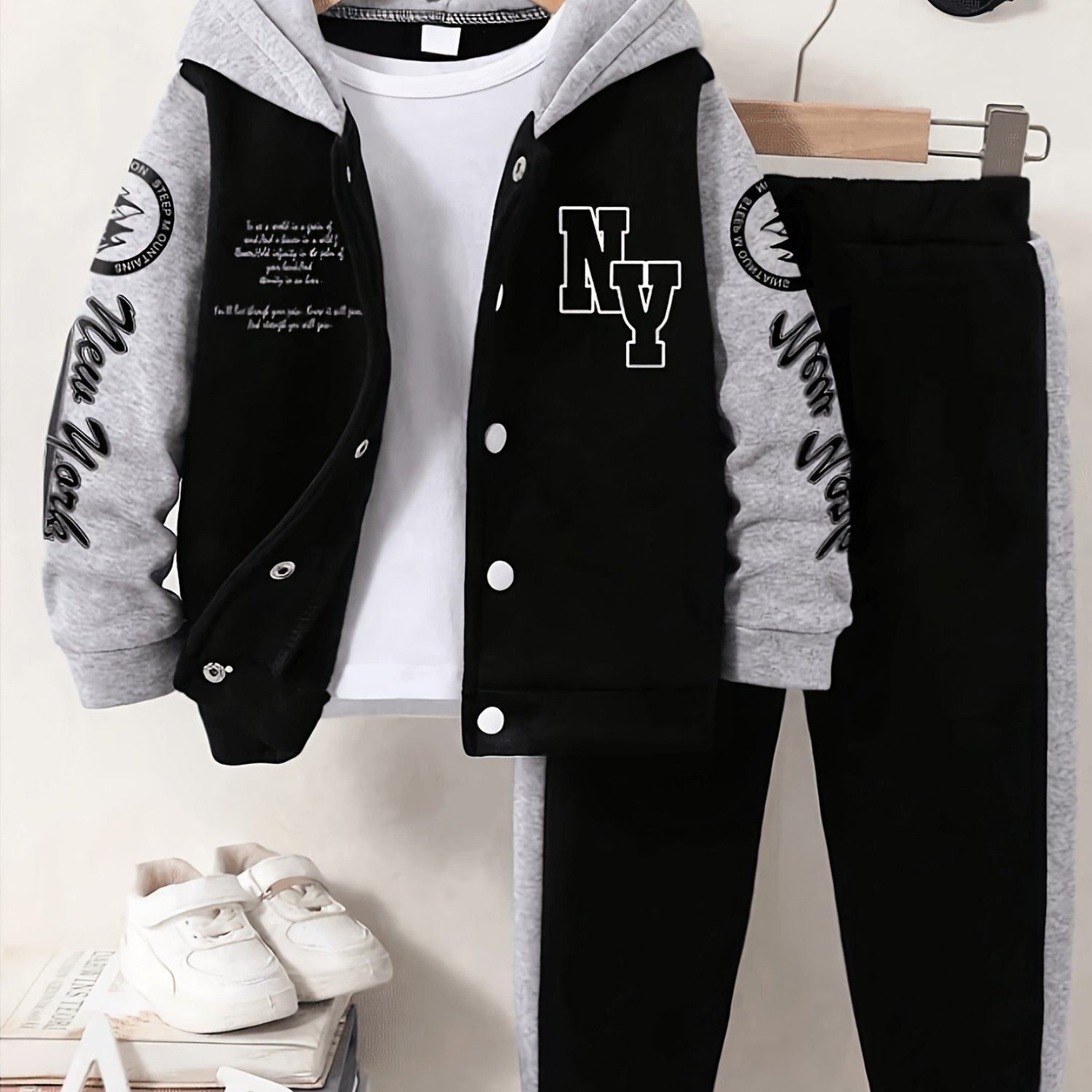 TEMU 2026 Spring Autumn New Boys' Suit, Jacket And Long Pants, Ny Print Hooded Baseball Style, Black Gray Contrast Front Button Design, Fashionable