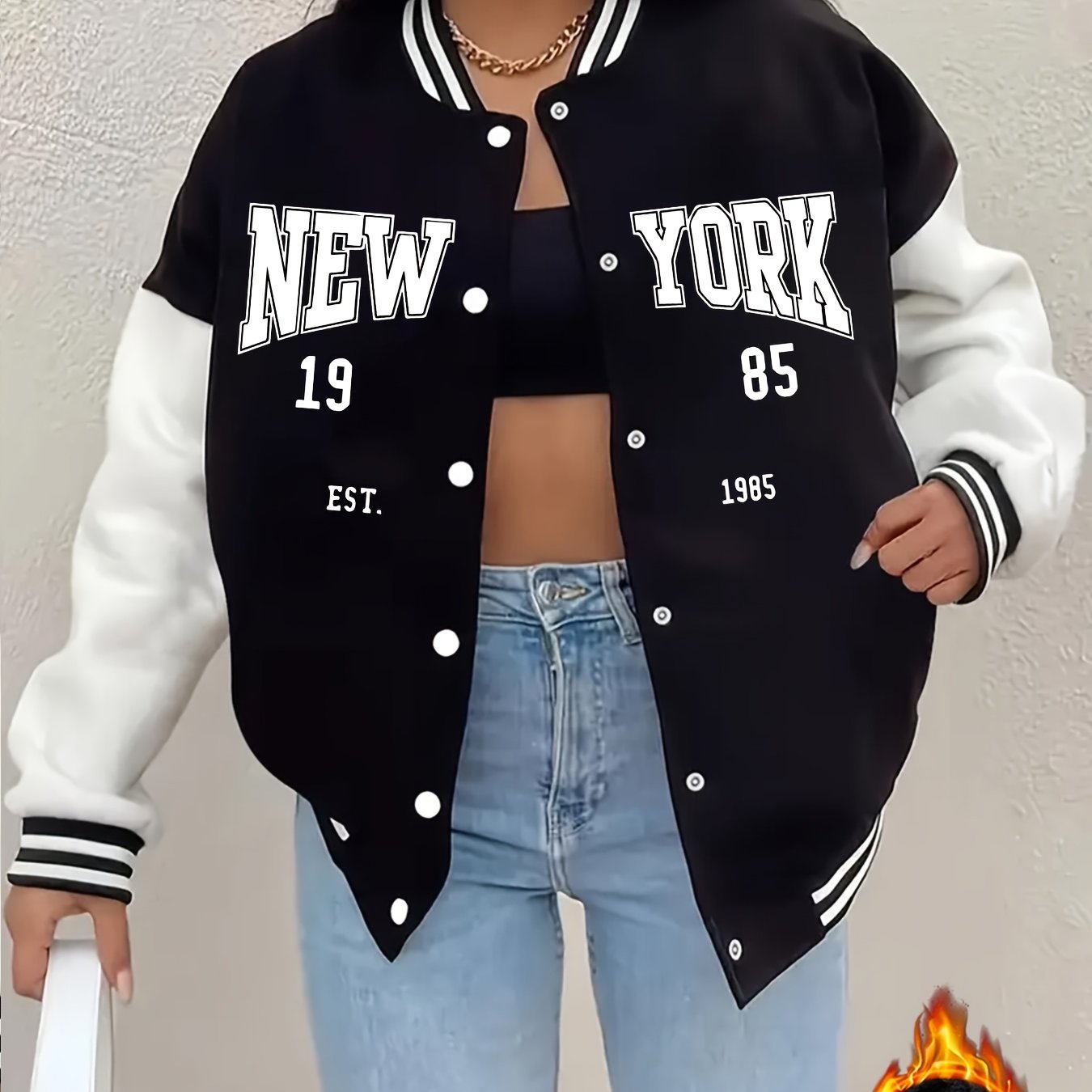 TEMU Women's Loose Baseball Jacket, Fleece-lined 1985 Pattern Print, Color-block Long Sleeve Button-up Jacket, Autumn/winter Street Casual Outerwear