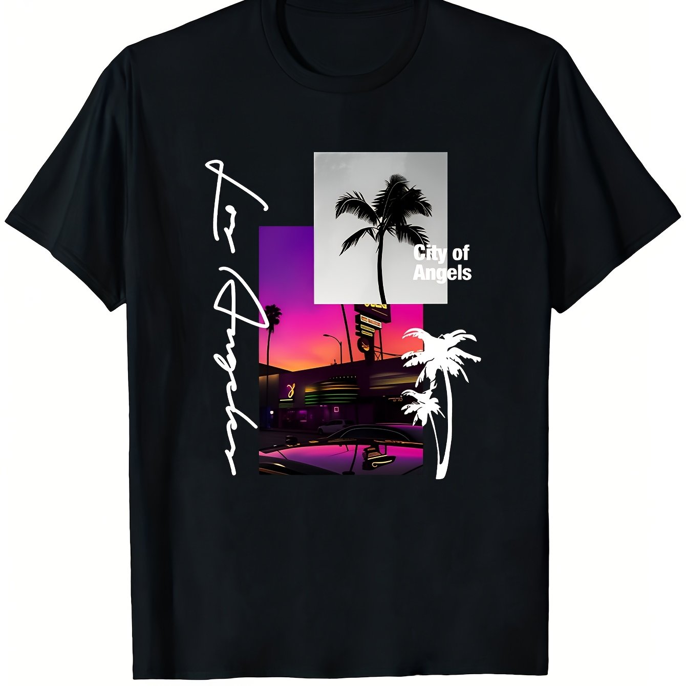 Plus Size Top Pickmen's Und Damen Heavyweight Sm 100% T-shirt- Los Angeles Angels 3d-druck Mit Palmen, Sonnenuntergang, Neon- Und Ikonischen Schildern, Retro Casual Kurzarm-tee, B, Plus Size