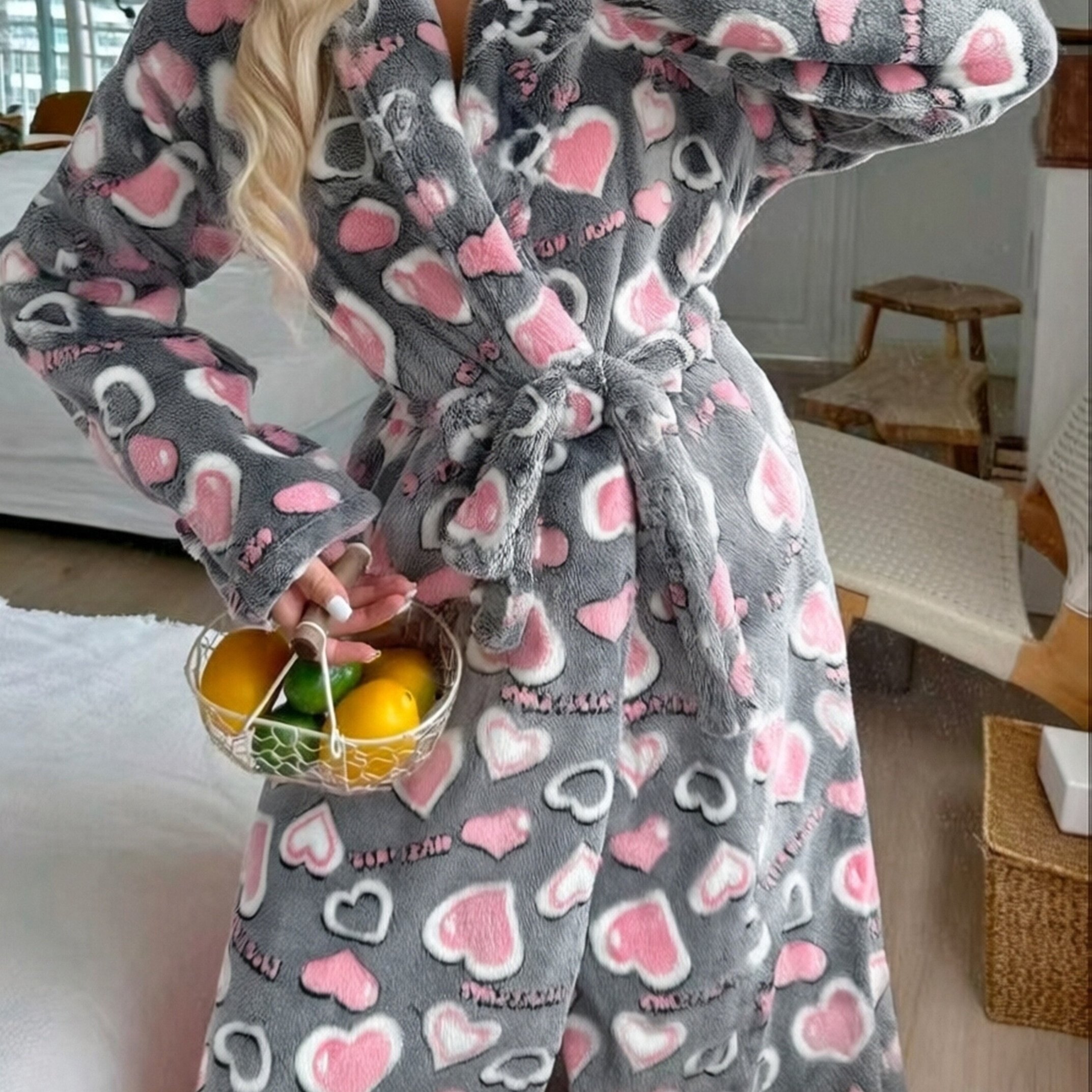 TEMU New Autumn And Winter Women's Flannel Double-sided Warm Loose Loungewear, Home Pajamas With A Belt That Worn Outside, Thickened Winter Style,
