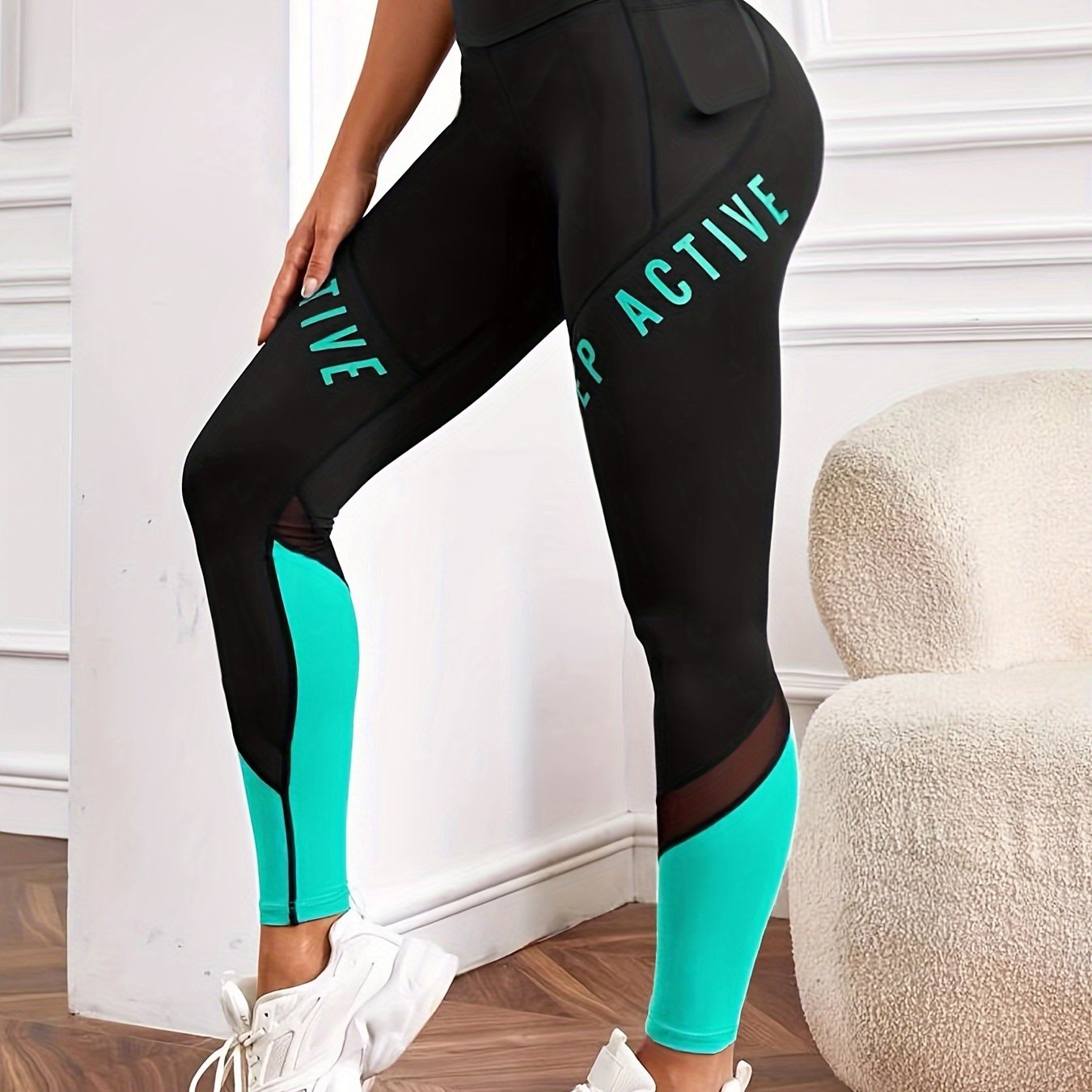 Plus Size Women's High-waisted Yoga Leggings - Breathable Mesh Panels, "" Letter Print, Stretchy Elastic Waistband, For Yoga & Casual Wear, Machine Washable