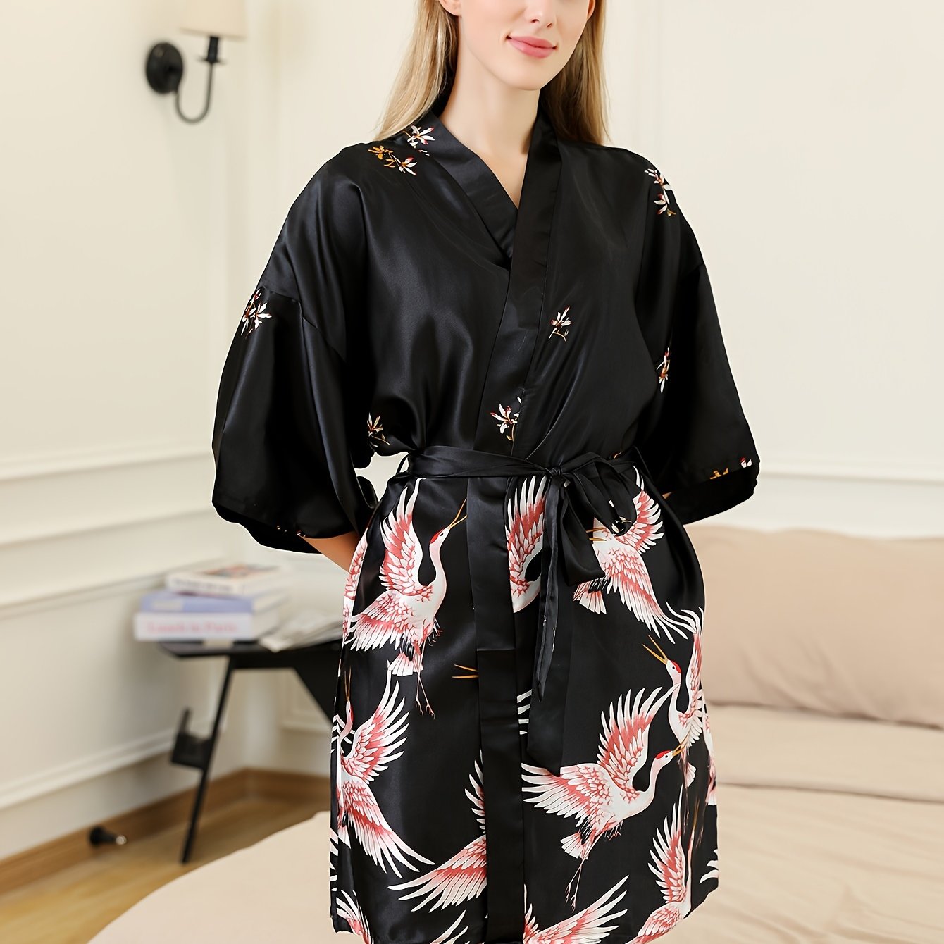 Crane Print Night Robe 3/4 Sleeve V Neck Robe With Belt - Temu Germany