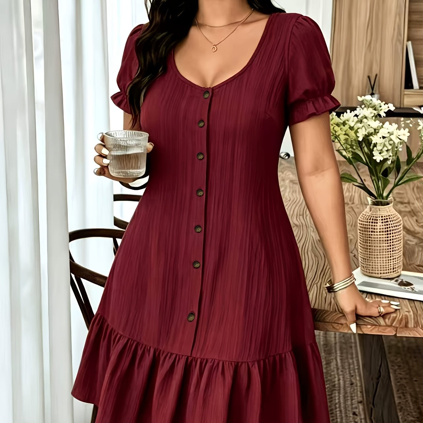 TEMU Women's Fashion Gentle Textured Front Button Ruffle Hem Casual Versatile Pretty Dress