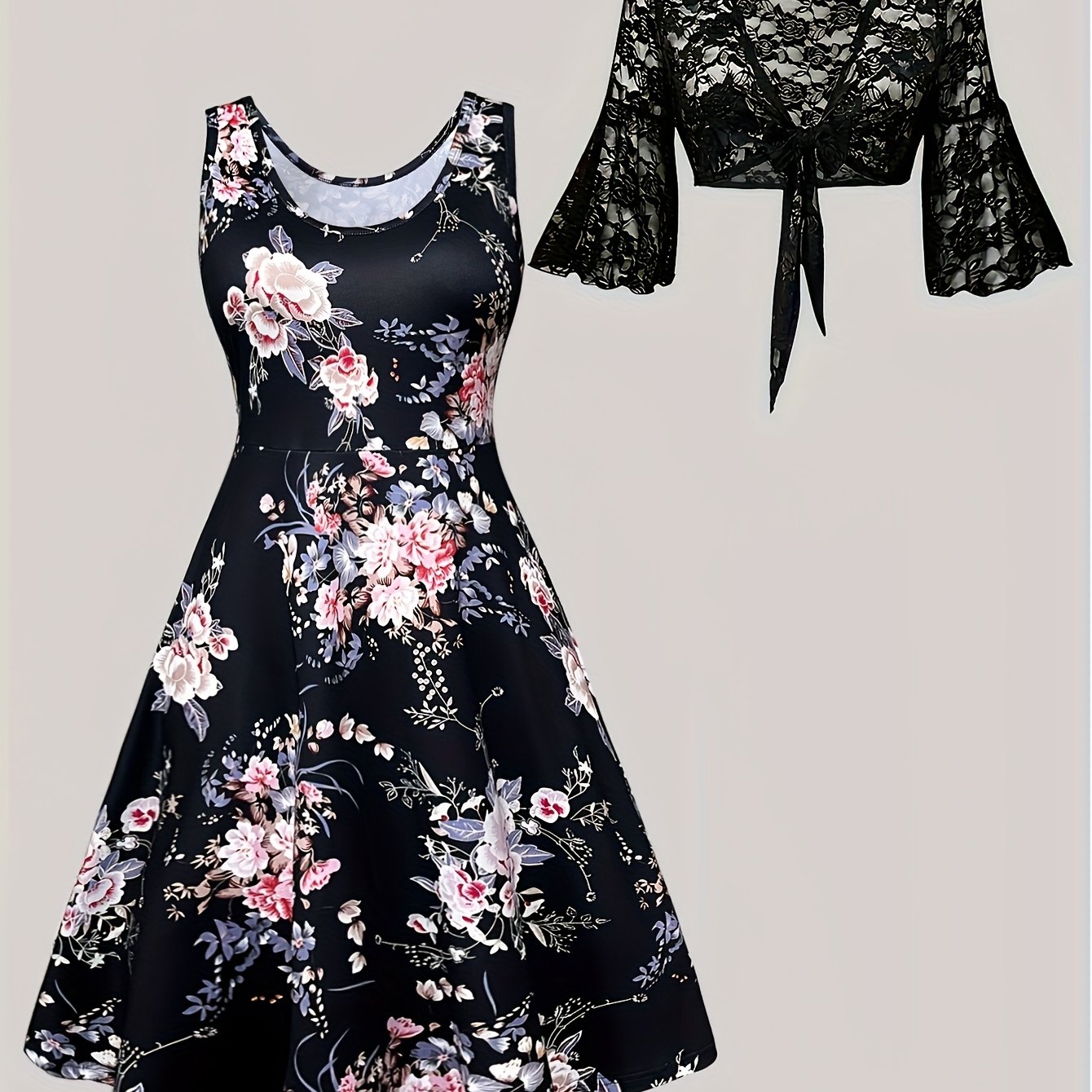 Plus Size, Plus-size Women's Lace Coat Fashion Print Vest Dress Two-piece Set