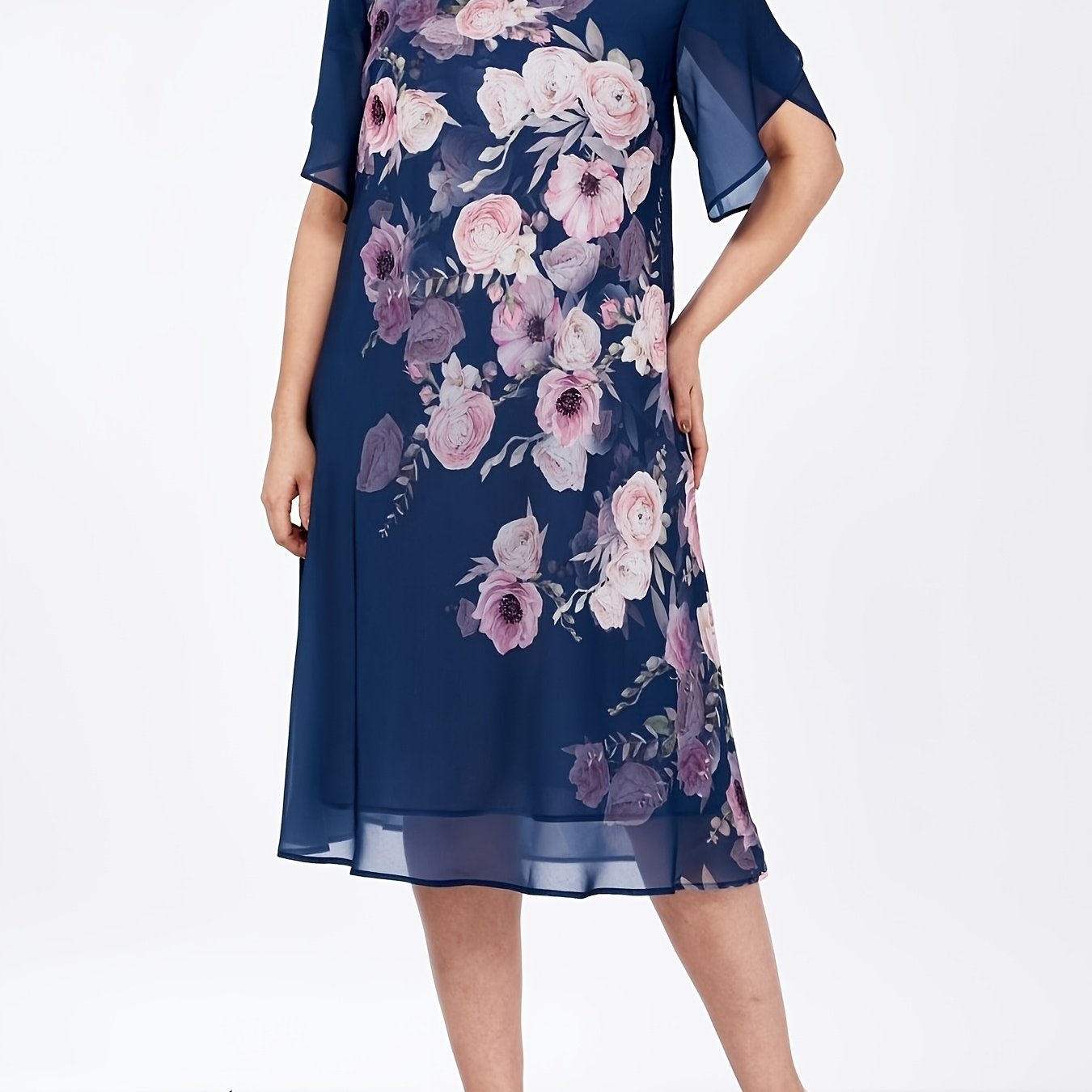TEMU Vêtements pour femmes grandes tailles, robe en mousseline mi-longue à manches courtes et col rond, style français , respirante et douce pour ,