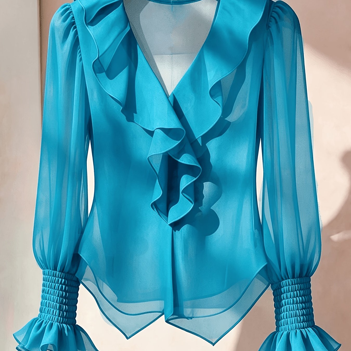 TEMU French Solid Puff Sleeve Long Sleeve Shirt, Sheer Chiffon V-neck Top For Women's Casual Vacation