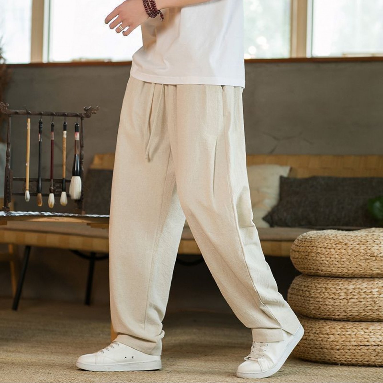 TEMU 新スタイル アウトフィットスタイル ルーズリネンパンツ 春秋 ストレート丈 リネン カジュアルパンツ メンズ スプリット加工 ティックパンツ