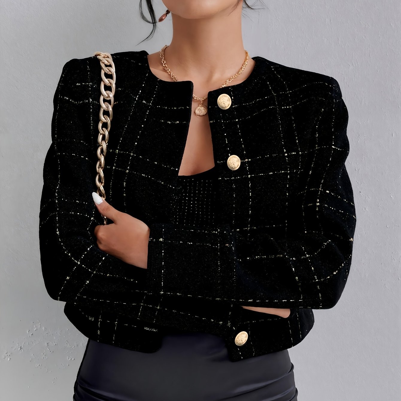 E-shop Herbst Winter Karierter Knopf Elegante Kleine Duft Stil Mantel Jacke Smoking