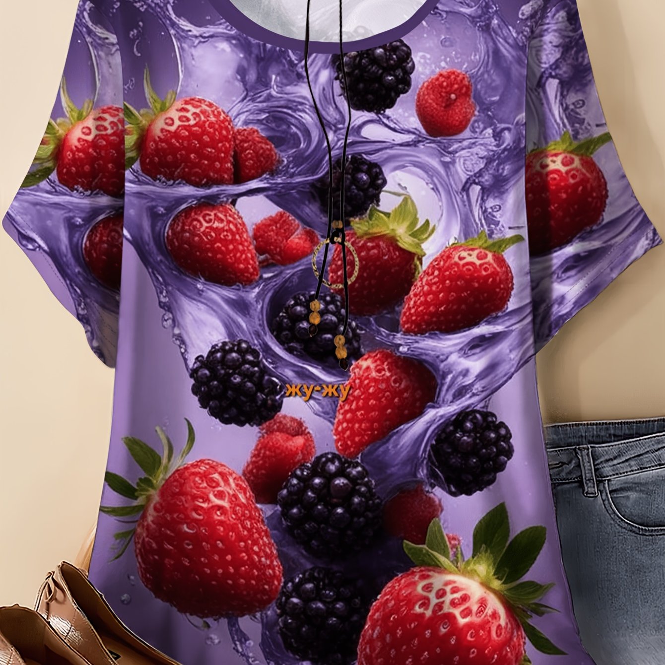 TEMU Plus Size, Women's Strawberry Print Short Sleeve Blouse Top - Round Neck Stretchy Summer Shirt Suitable For , Casual Elegant Blouse Style Blouse