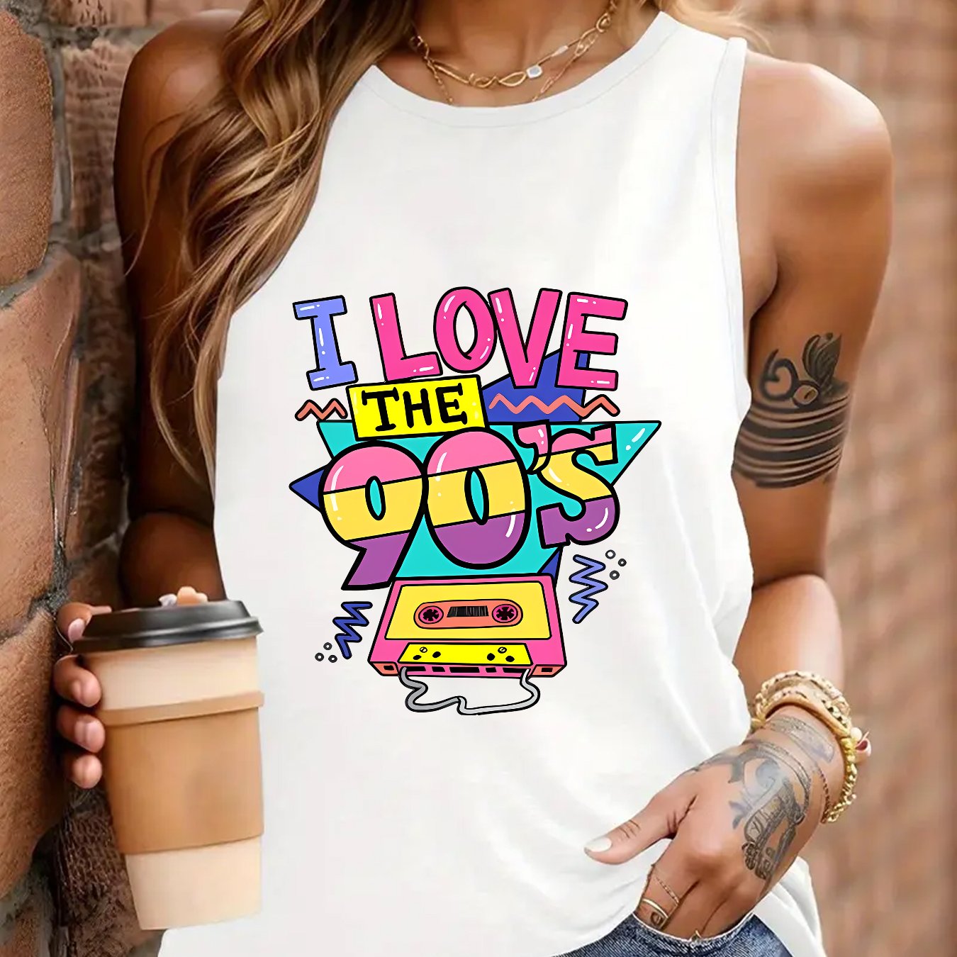 TEMU Camiseta de tirantes sin de cuello para mujer, 1 pieza, poliéster, serie de estilo casual, para toda temporada, y , con estampado de de casete