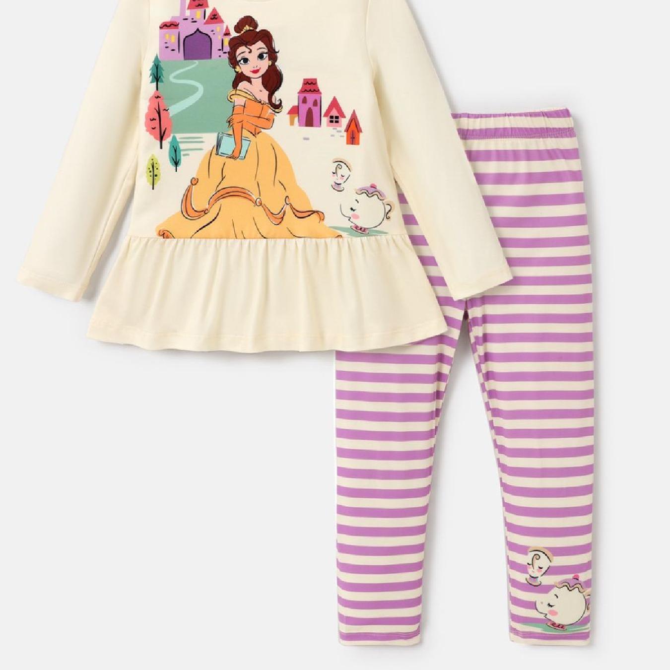 TEMU Princess Toddler Girl 2pcs Character Print Peplum Long-sleeve Tee And Stripe Pants Set, Perfect For Outdoor