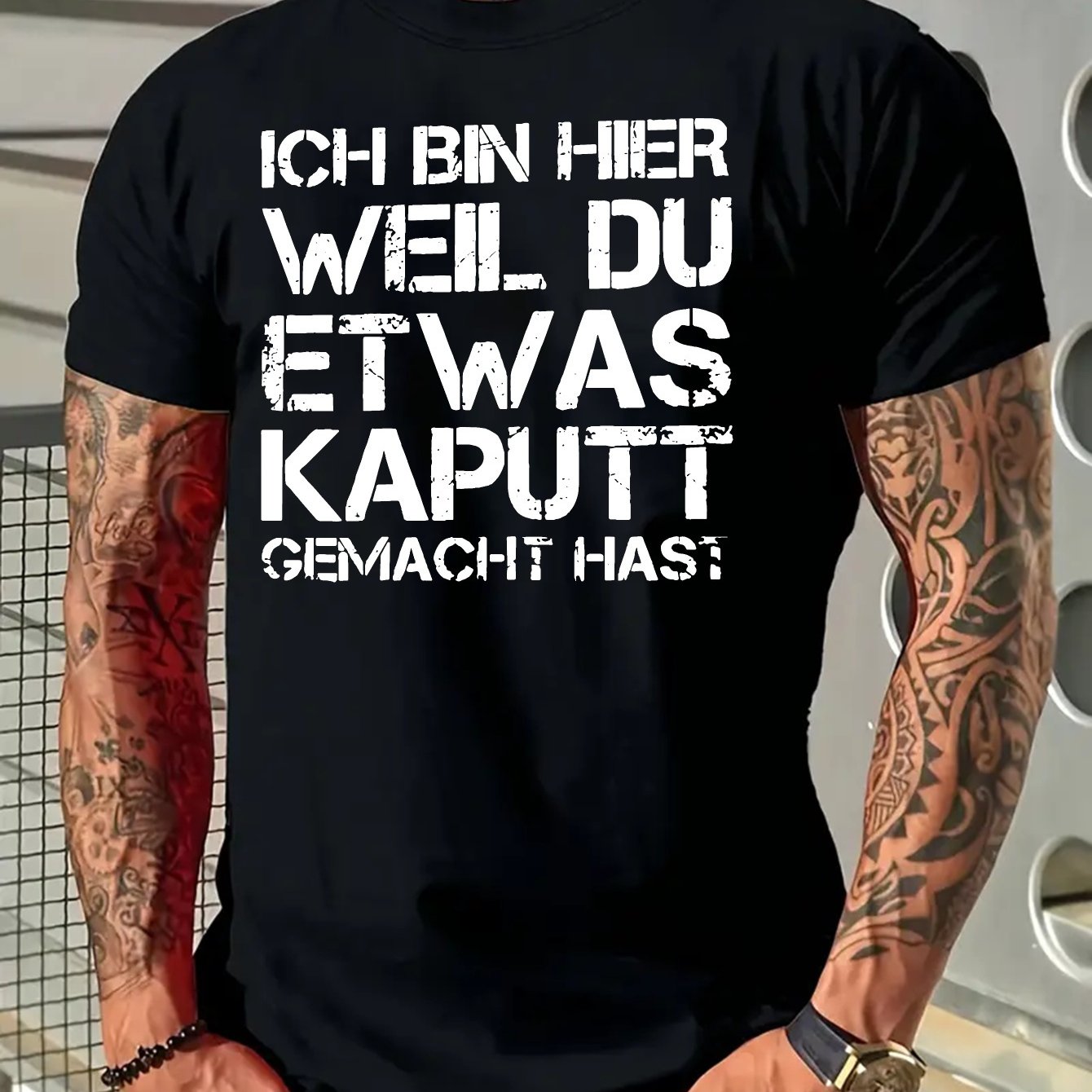 Men's With White Print 'ich Bin Well Du Kaput' Funny Casual Tee - Regular Fit, Comfortable Daily Wear For , For Apparel, Round Neckline Shirt