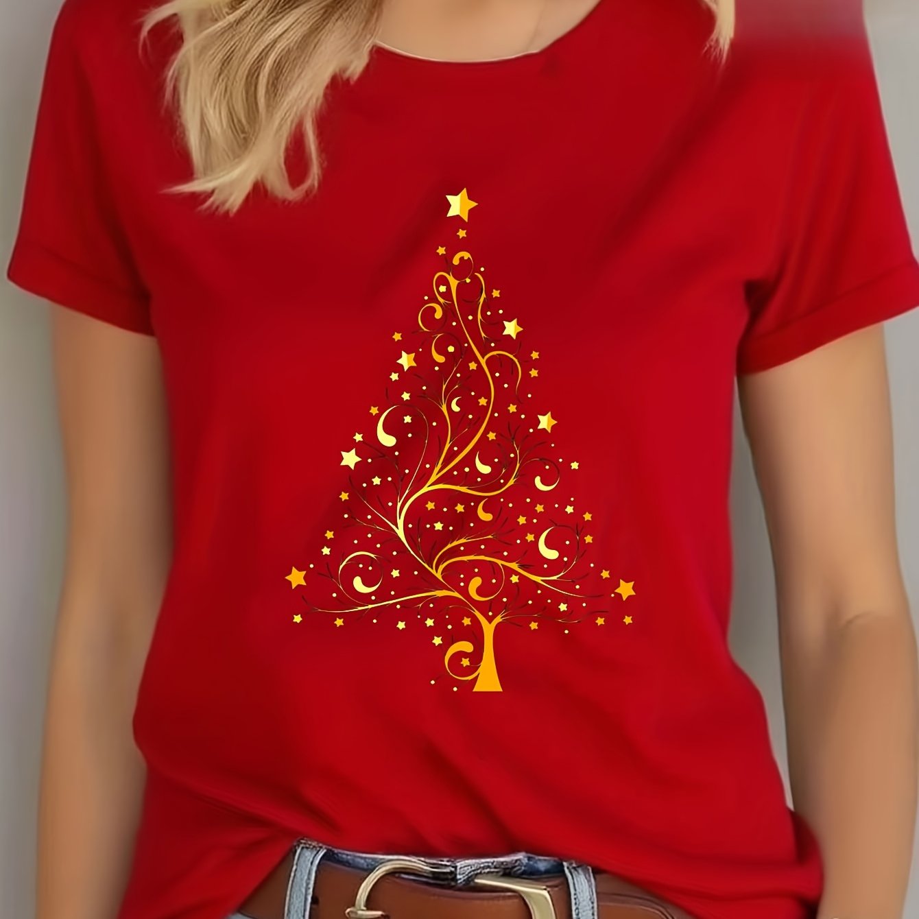 TEMU Women's Christmas Tree Pattern T-shirt - Soft And Breathable Everyday Tee, Classic Crew Neck Casual Top, Suitable For Holiday Parties And Casual