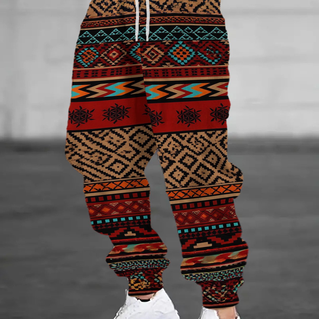 TEMU Men's Sweatpants - Flat Pattern - Non-textured - Ethnic Style With Rich Patterns On A Reddish-brown Background, Casual Sport Pants, Fashionable