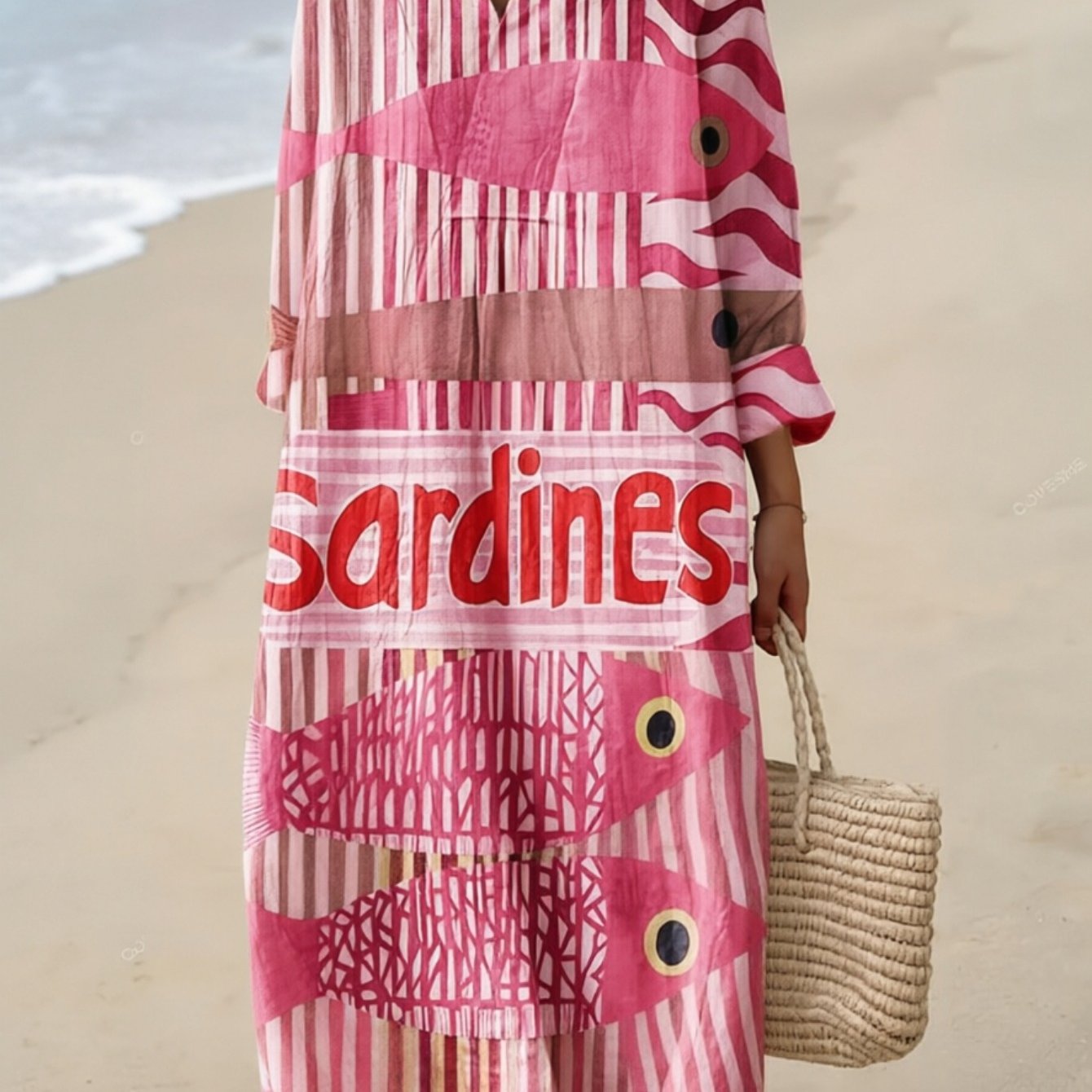 Plus Size - Large Size 2d Flat Print Dress, Beach Vacation Print Women's Dress, Summer Loose Medium And Long V-neck Striped Fish Pattern Beach Dress