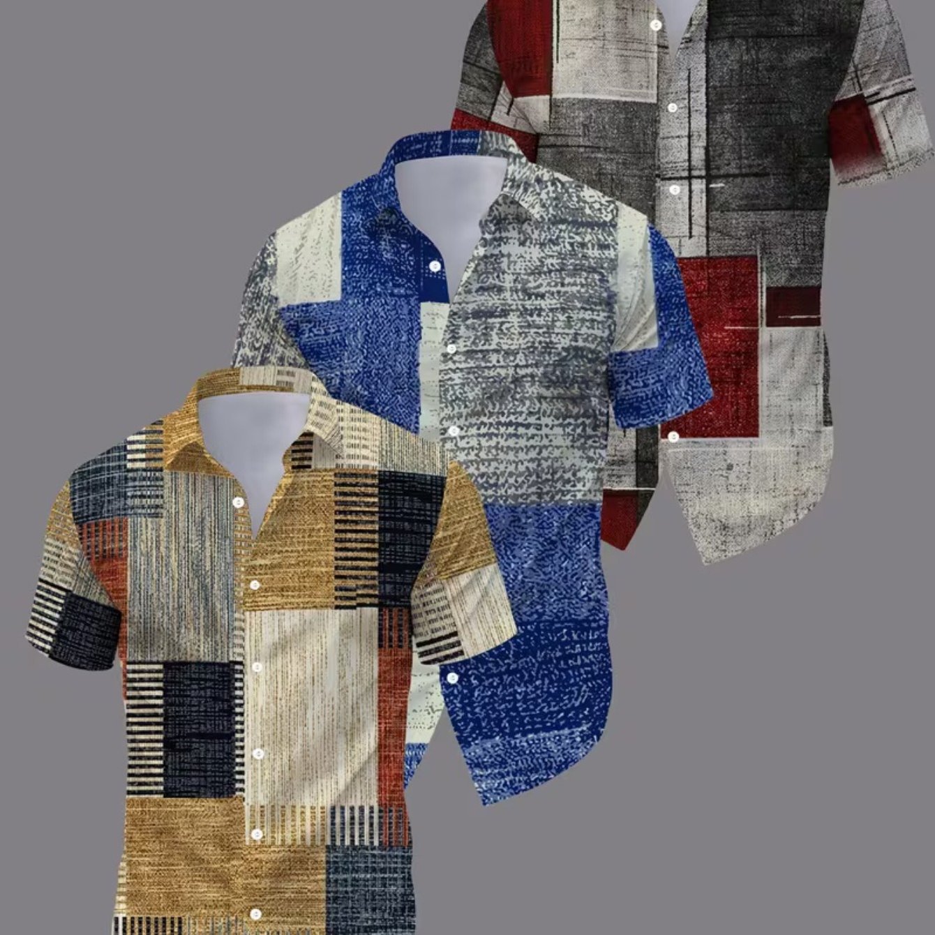 TEMU 3pcs Men's Fashion Geometric Print Short Sleeve Shirts, Casual Shirts For Men, Stylish Casual Tops