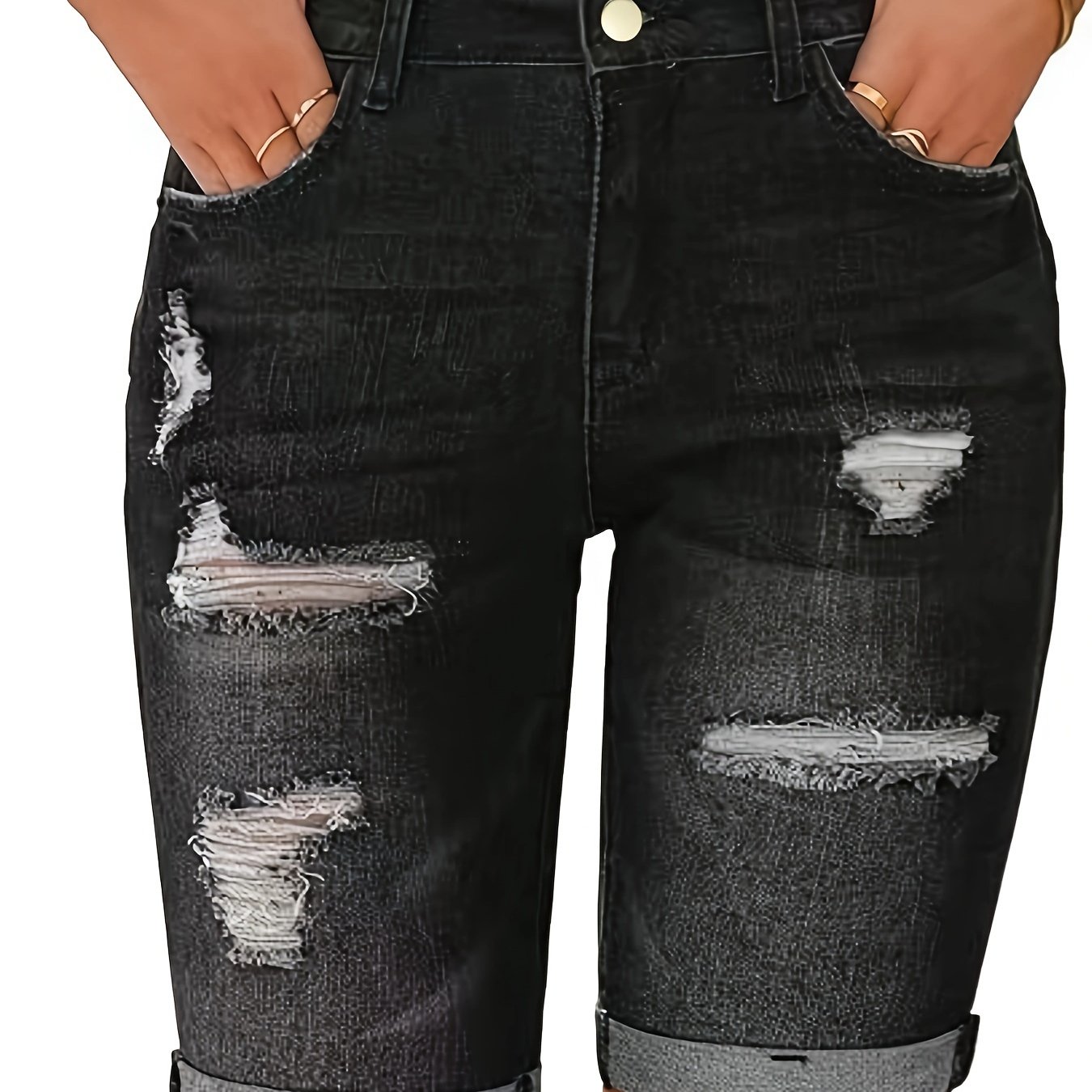 Women's Ripped Hem Hem Washed Distressed Denim Capris, Summer Trendy Casual